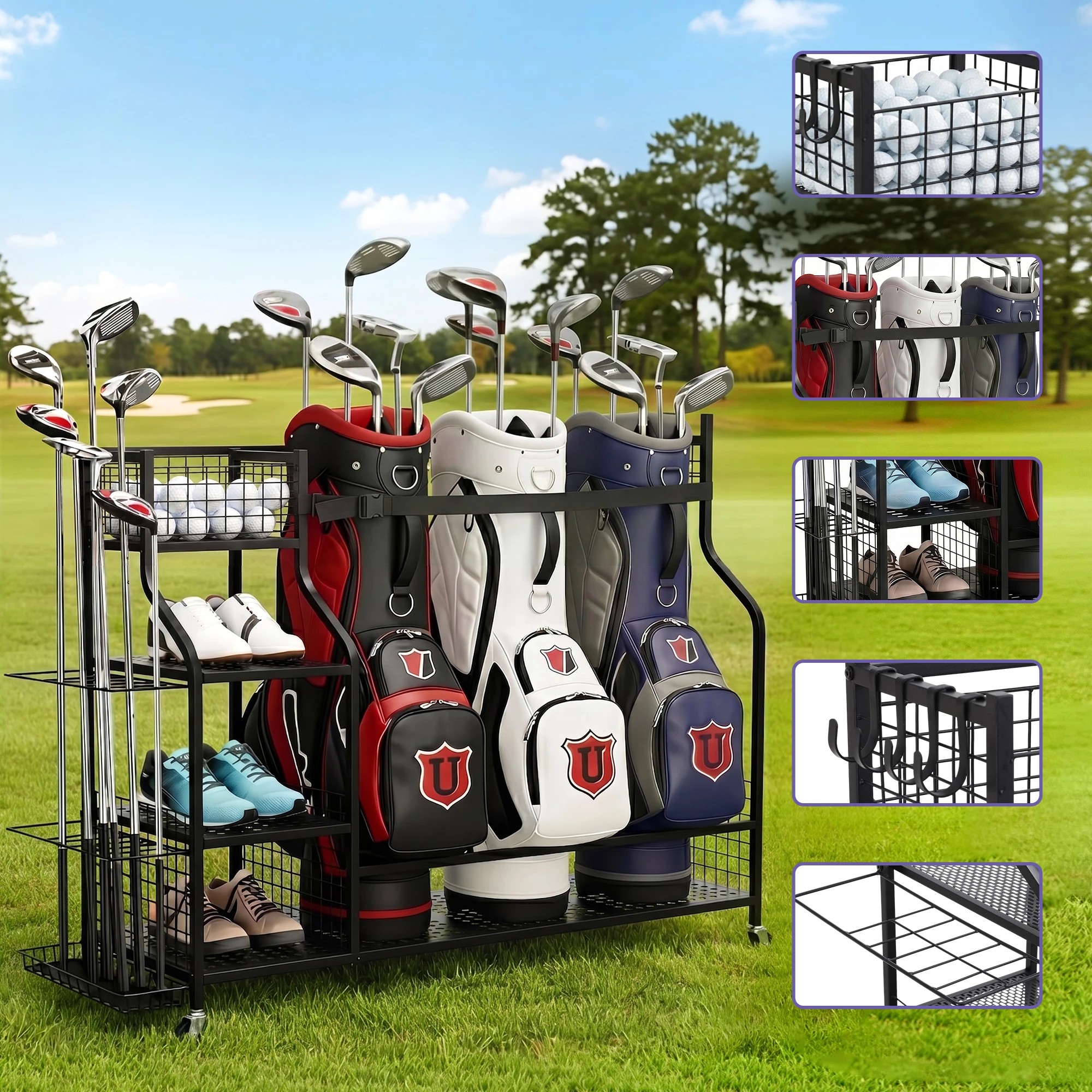 5 Everfit Golf 3 Bag Storage Golf Storage Garage Organizer with Wheels - Black, 5 of 7