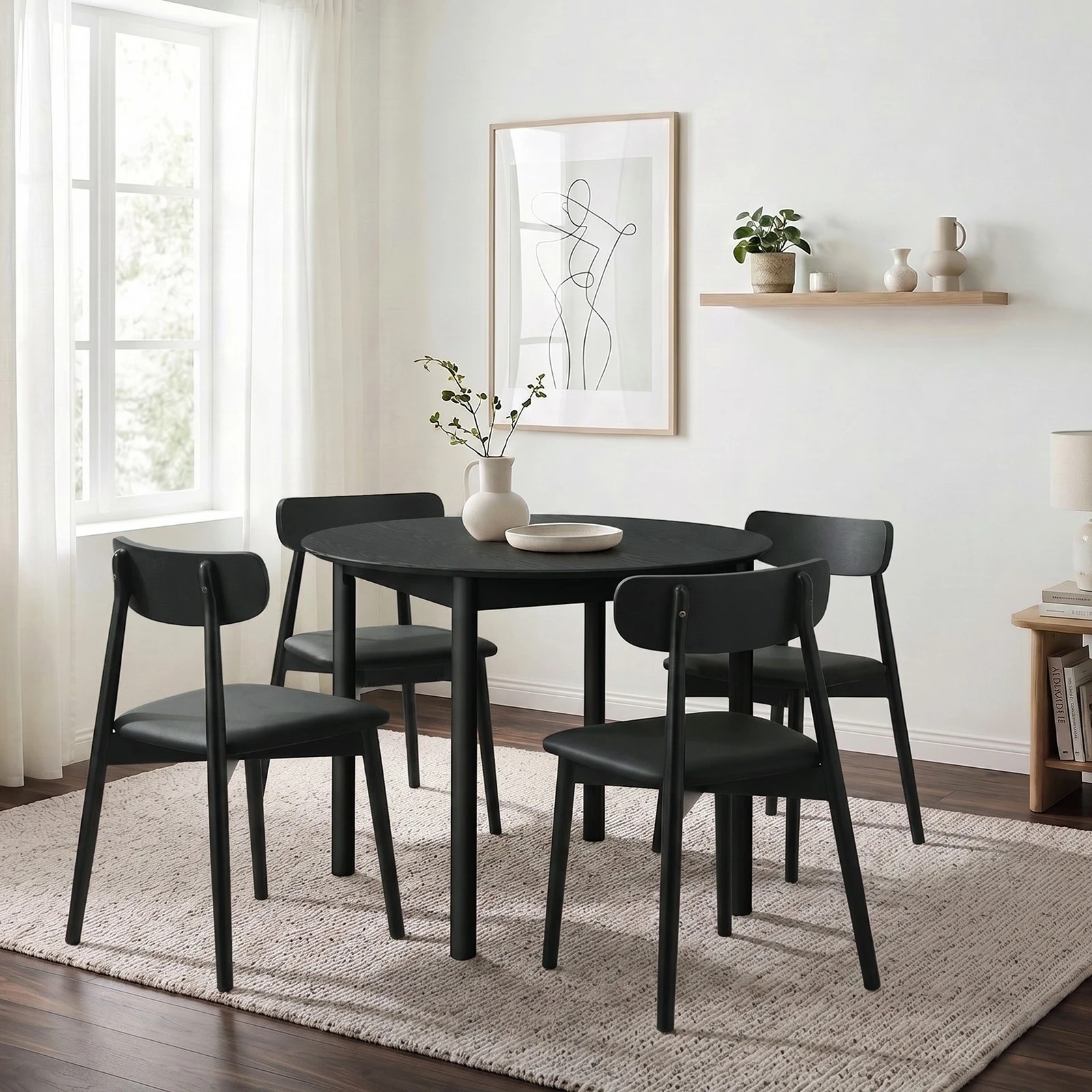 4 Oikiture 5PCS Dining Table Set 100cm Round Table 4 Rubberwood Dining Chairs - Black, 4 of 9