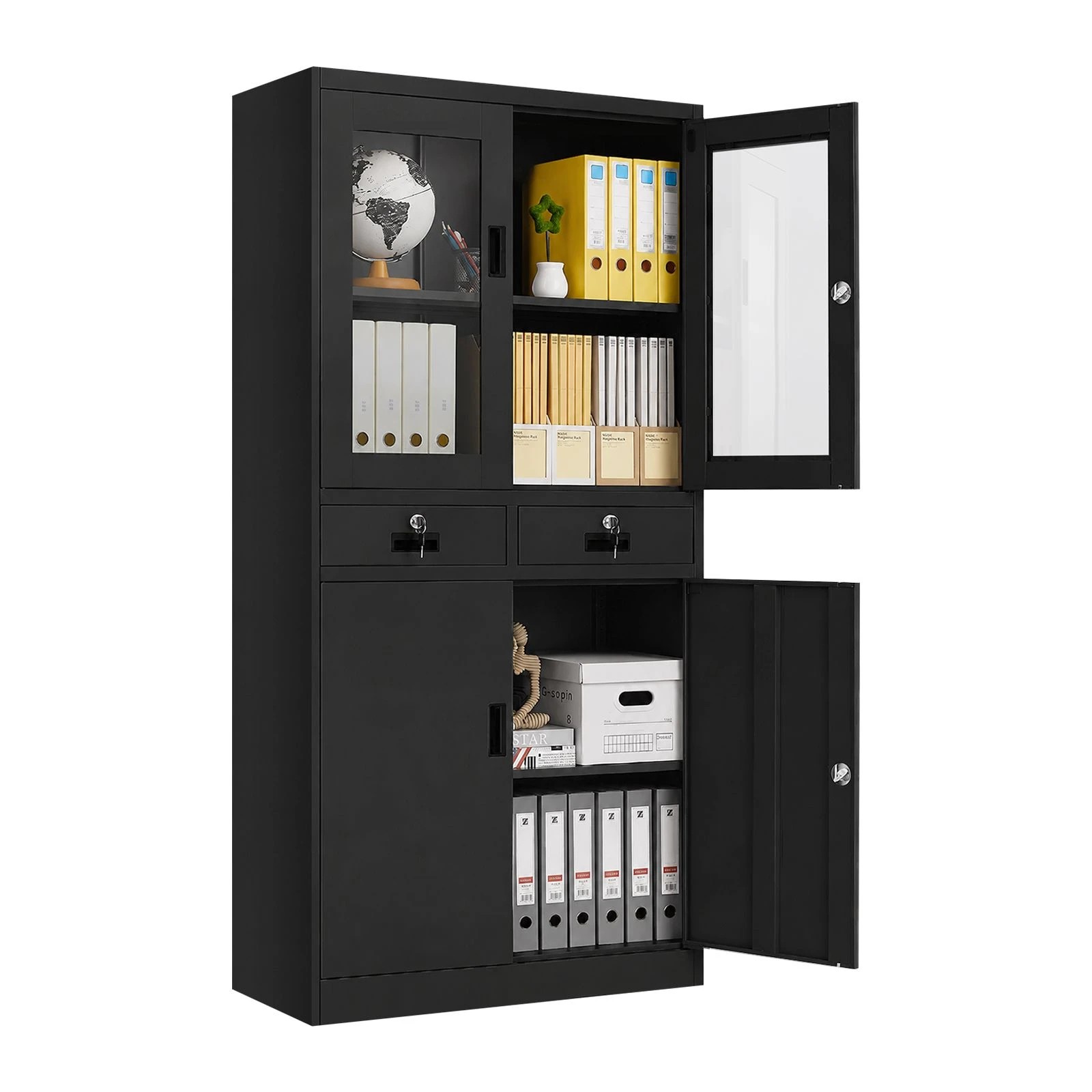 7 Ausway 185 cm Lockable Steel Filing Cabinet Office Storage Cupboard with 2 Drawers & Tempered Glass Doors, 7 of 7