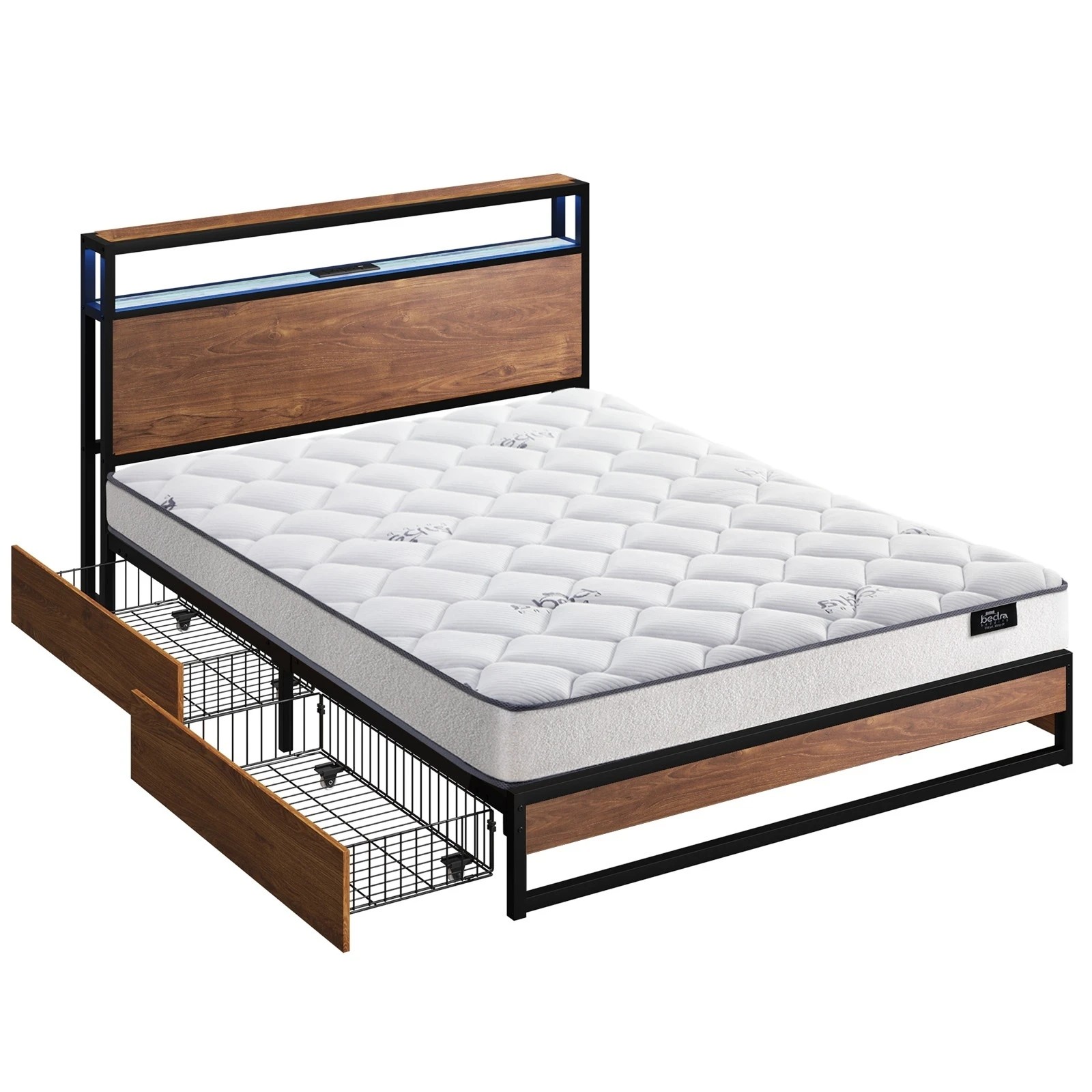 1 Oikiture Metal Bed Frame King Size LED 4 Storage Drawers USB with Mattress - Brown, 1 of 10