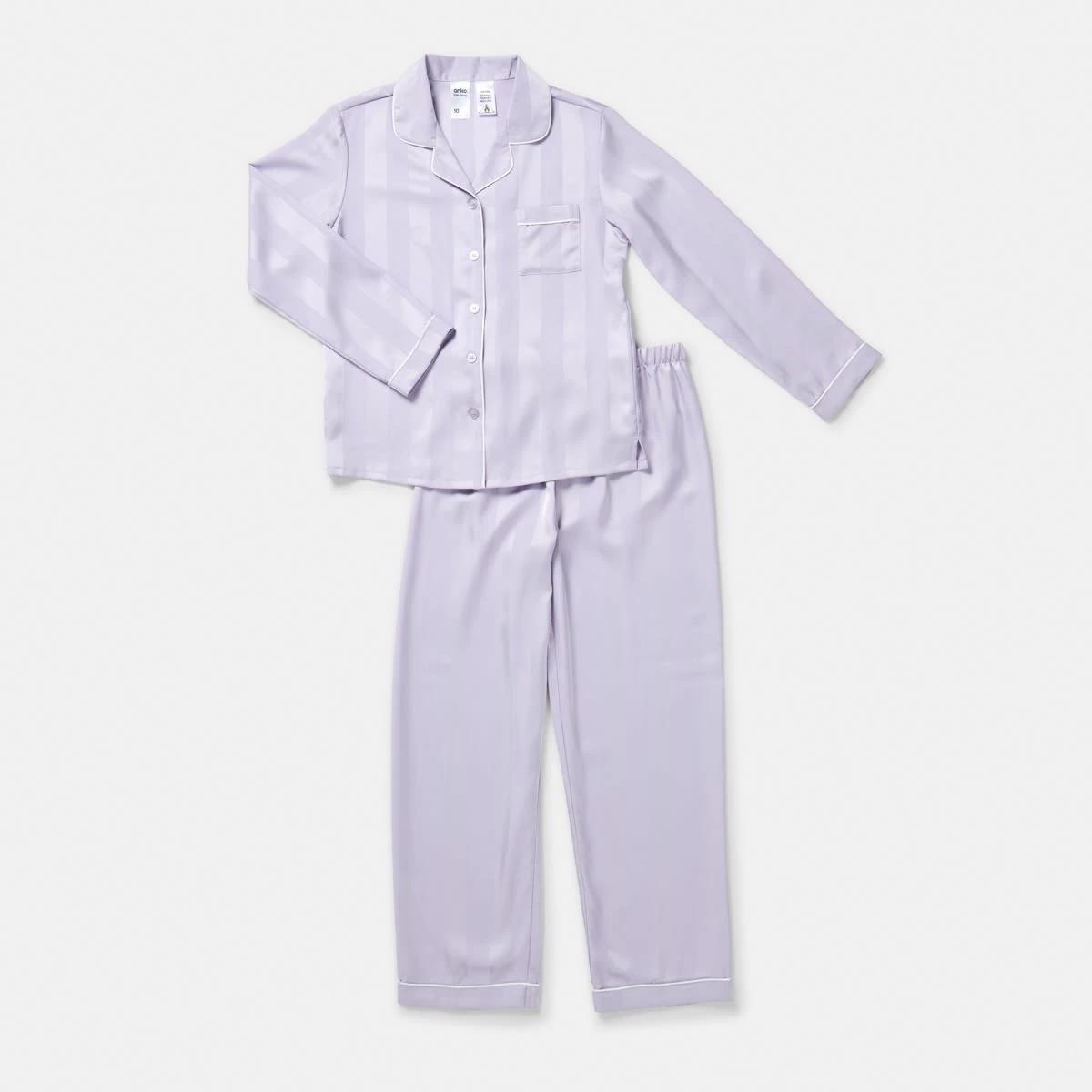 7 Long Sleeve Satin Pyjama Set Pur Stripe, 7 of 10