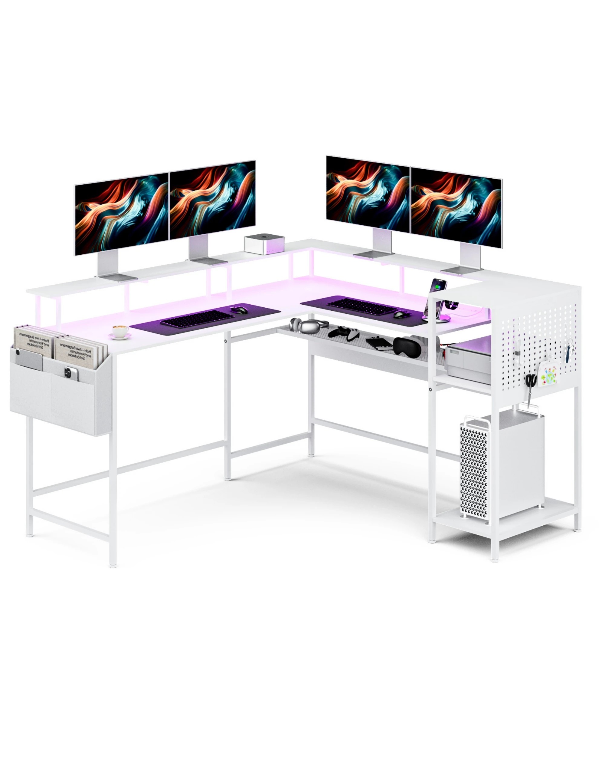 6 Advwin 150cm L Shaped Computer Desk w/ LED Lights & Power Outlets  - White, 6 of 10