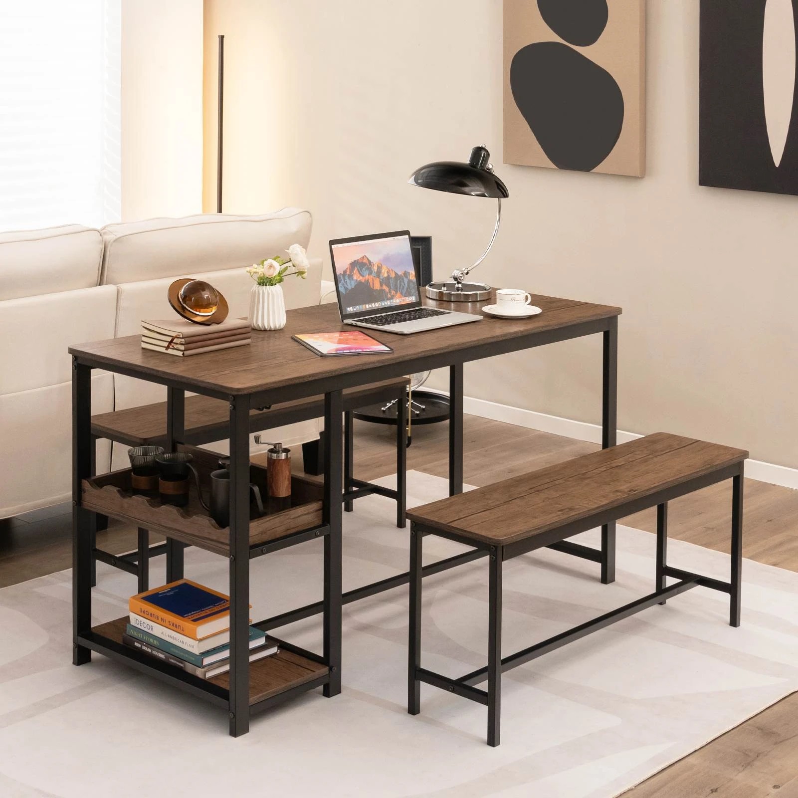 2 Costway 3PCS Dining Table Set Kitchen Table & 2 Benches Glass Holder Wine Rack Storage Shelf, 2 of 4
