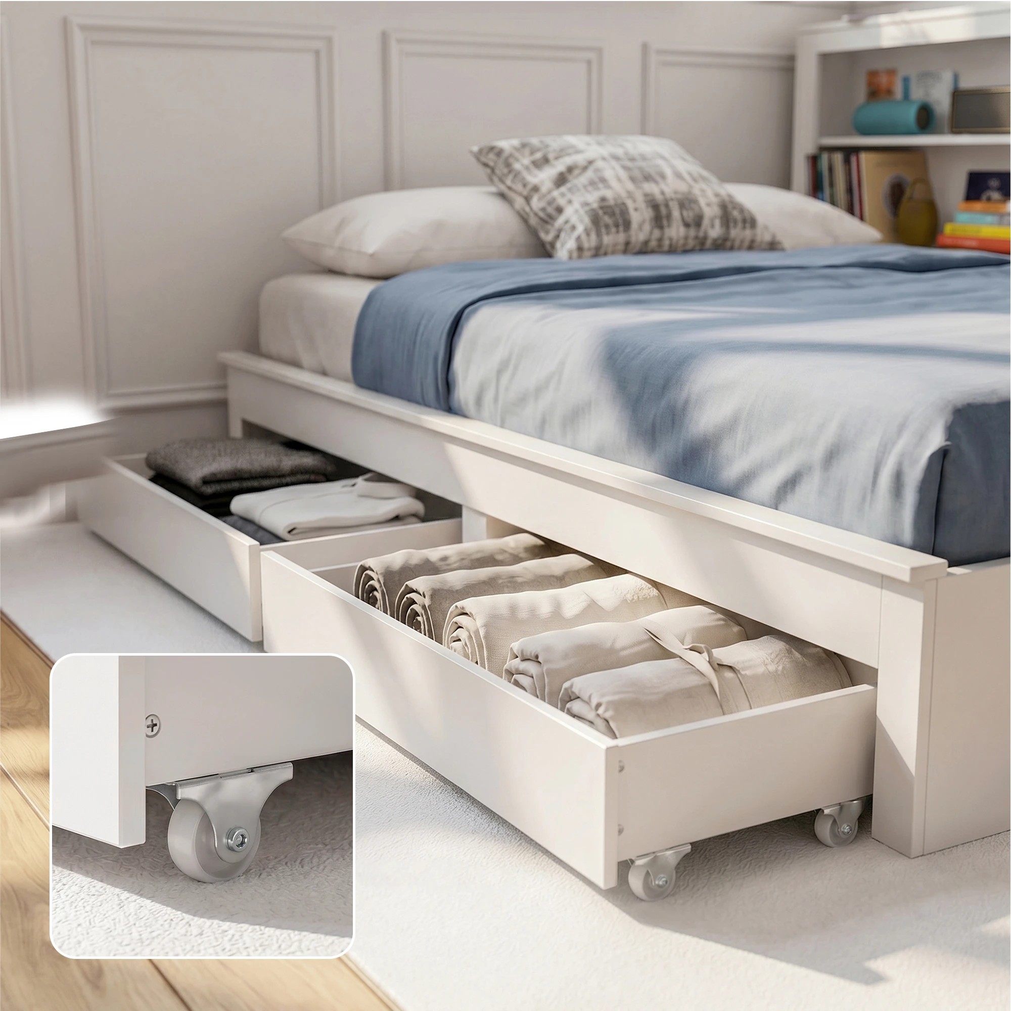 5 Artiss Solid Wood Double Platform Bed Frame with Storage Headboard, Charging Station and Drawers - White, 5 of 7