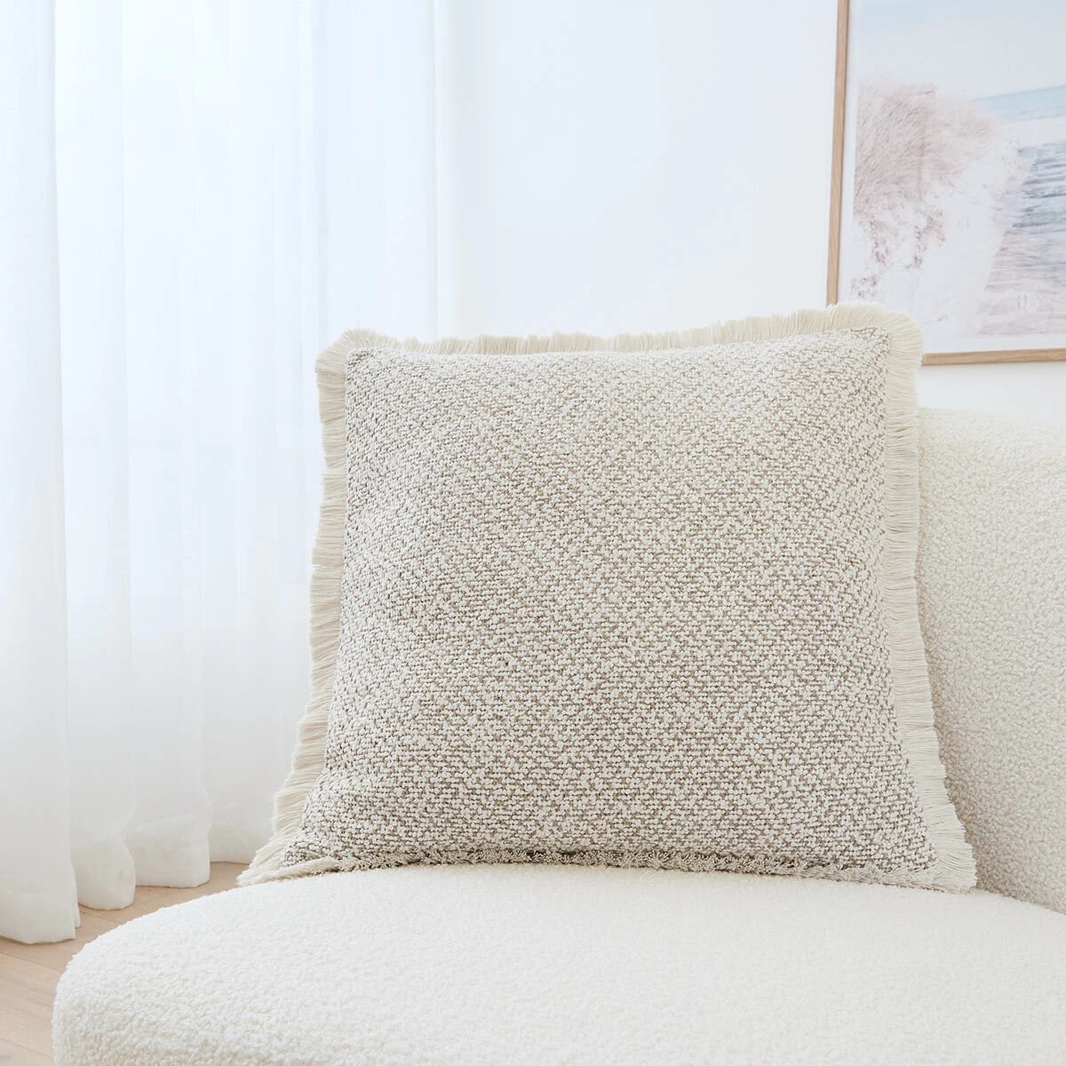 1 50cm Fringed Cushion Cover - Beige, 1 of 9