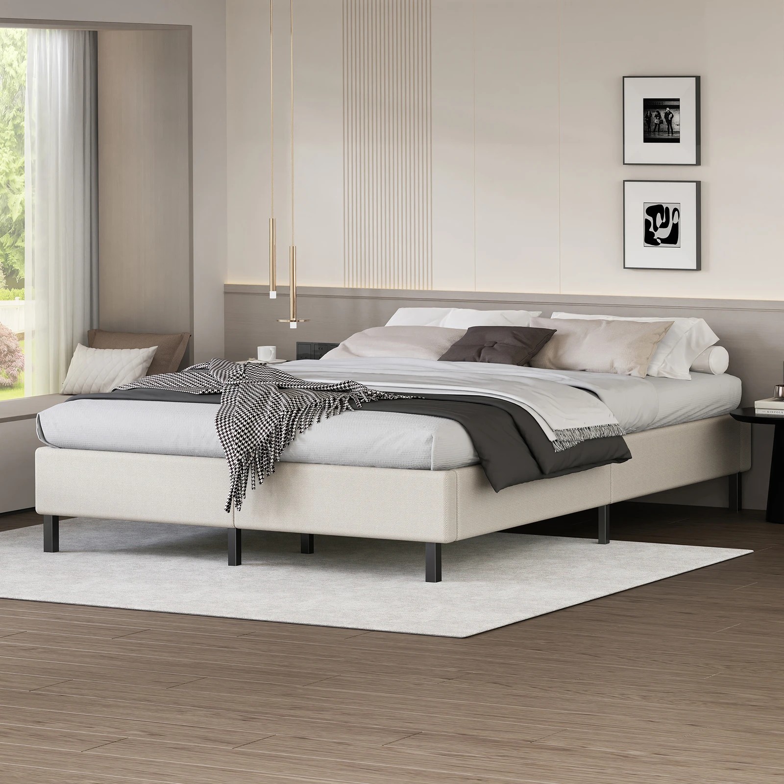 2 Alfordson Bed Frame Double Size Mattress Base Foundation Beige Fabric Basel - Beige, 2 of 10