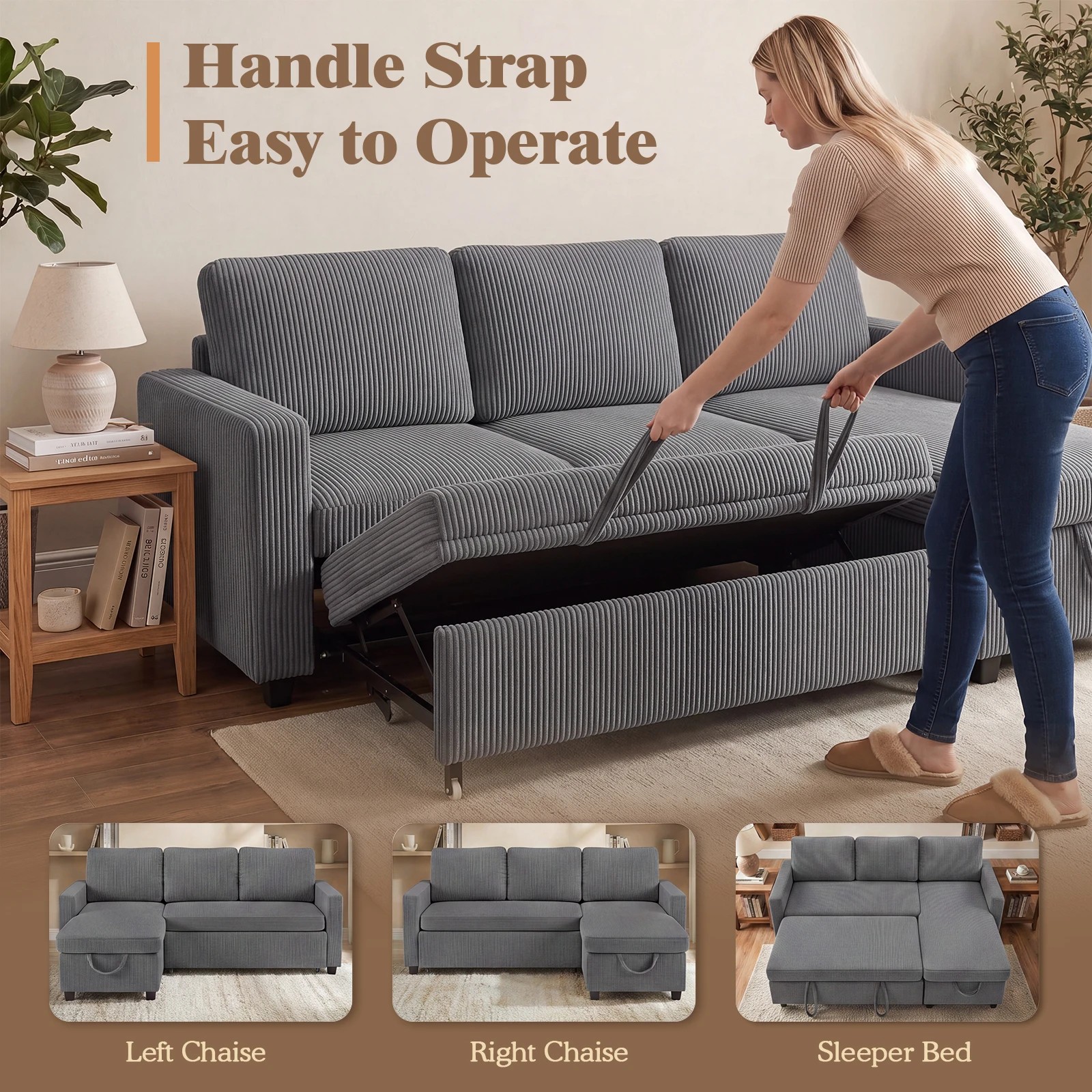 6 Advwin Sectional Sofa Couch with Pull Out Bed, L Shaped Reversible Corduroy Sleeper Sofa Bed with Storage Chaise - Grey, 6 of 7