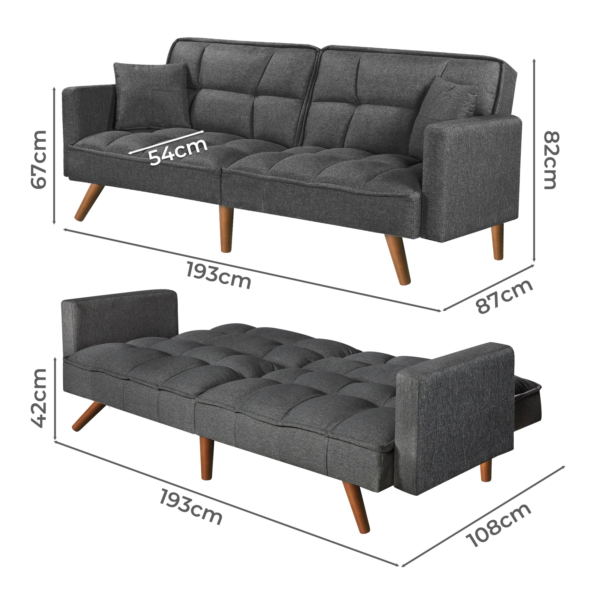 3 Levede Sofa Bed Futon Convertible Fabric Lounge Couch 3 Seater Recliner Dark - Grey, 3 of 8
