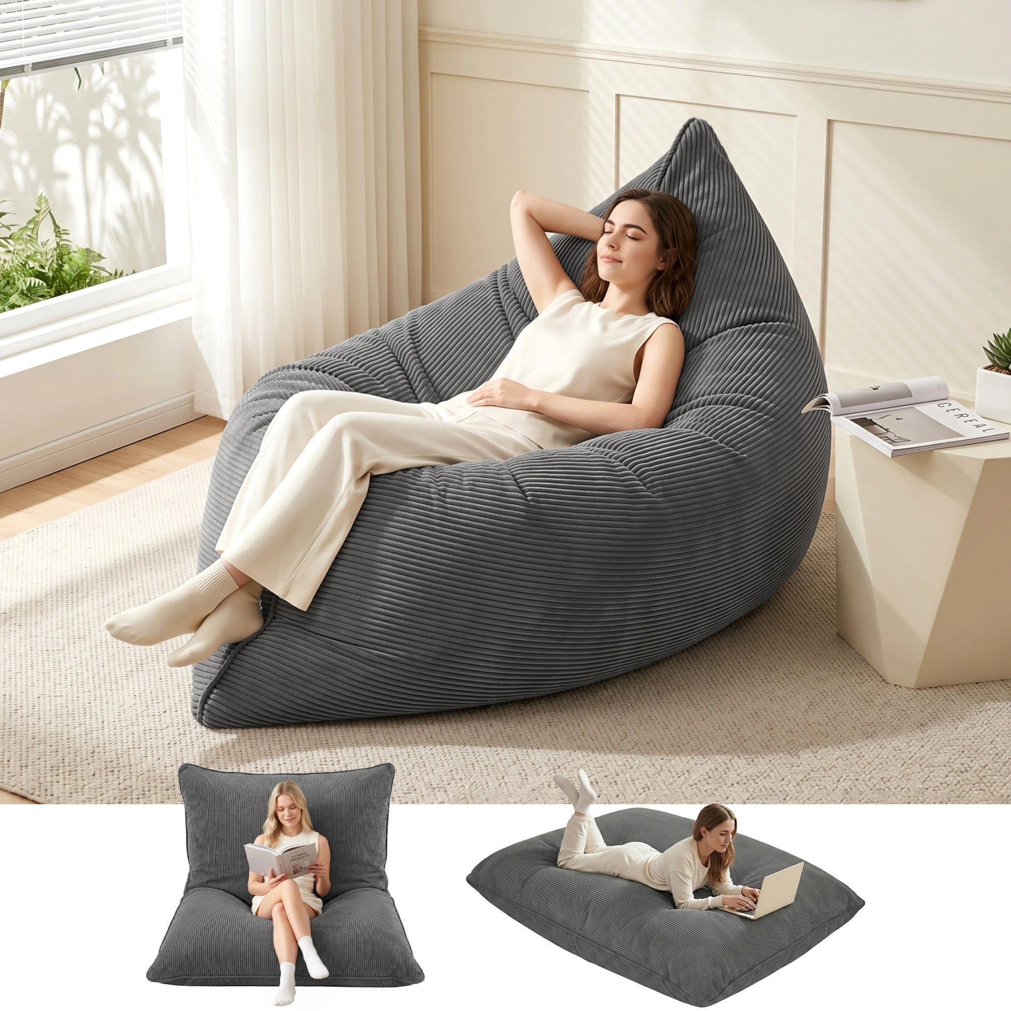 10 Artiss 3 in 1 Bean Bag Chair Cover No Filler Convertible Corduroy Bean Bag Cover Washable - Grey, 10 of 10