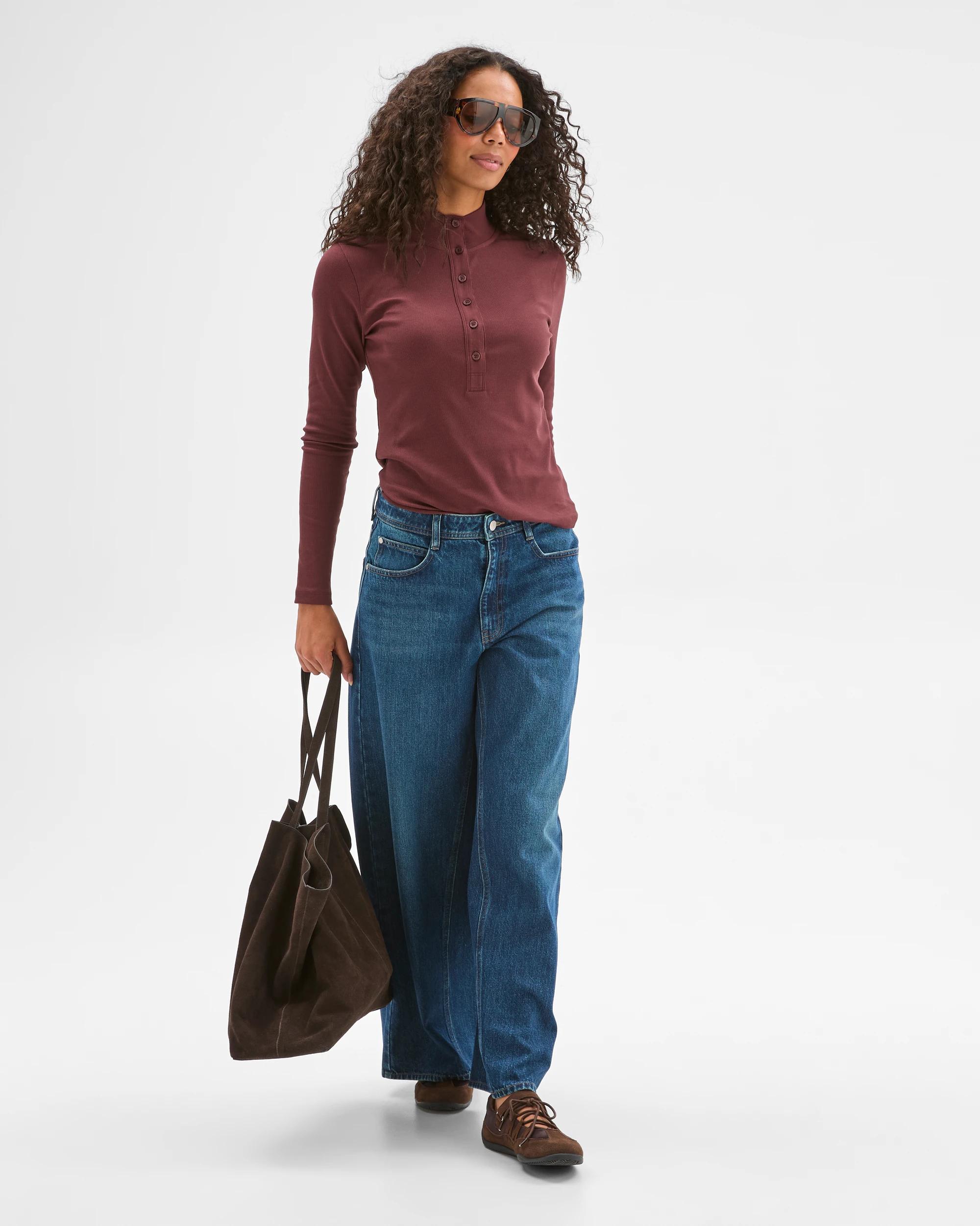 2 Target Woman Australian Cotton Long Sleeve Mock Neck Henley Top BURGUNDY, 2 of 6