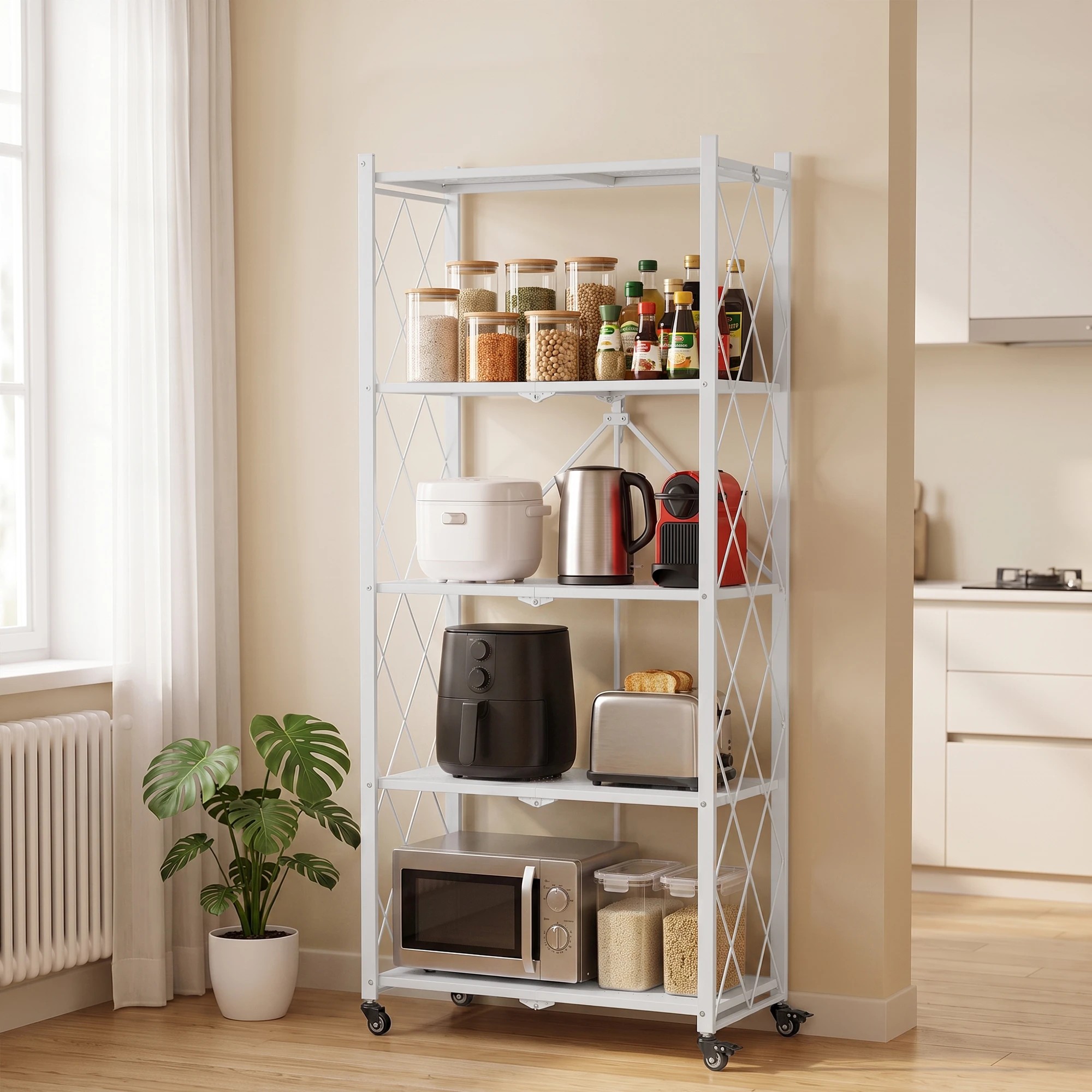 5 Artiss 5-Tier Foldable Kitchen Bakers Rack with Wheels 71x34x160cm Metal Microwave Stand 25kg Capacity Per - White, 5 of 10