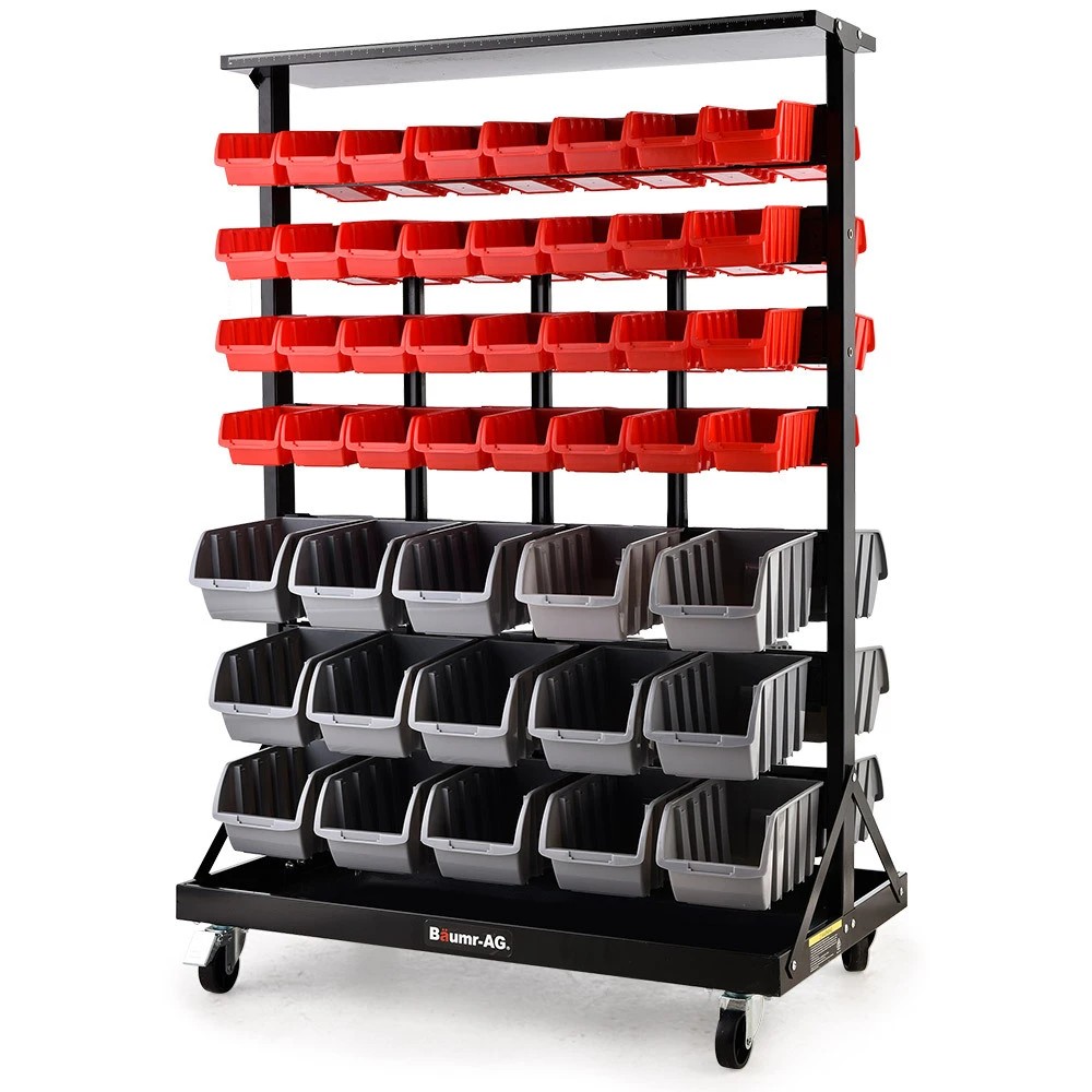 1 Baumr-AG 94 Parts Bin Rack Storage System Mobile Double-Sided - Red, 1 of 1