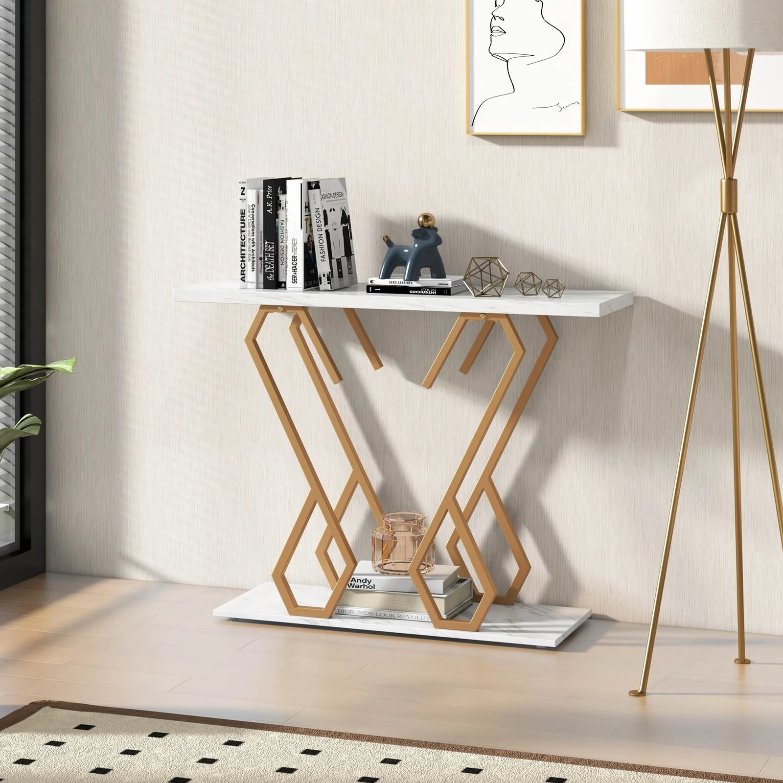 2 Costway Faux Marble Entryway Table Console Table w/Metal Frame Hallway Side Table, 2 of 4