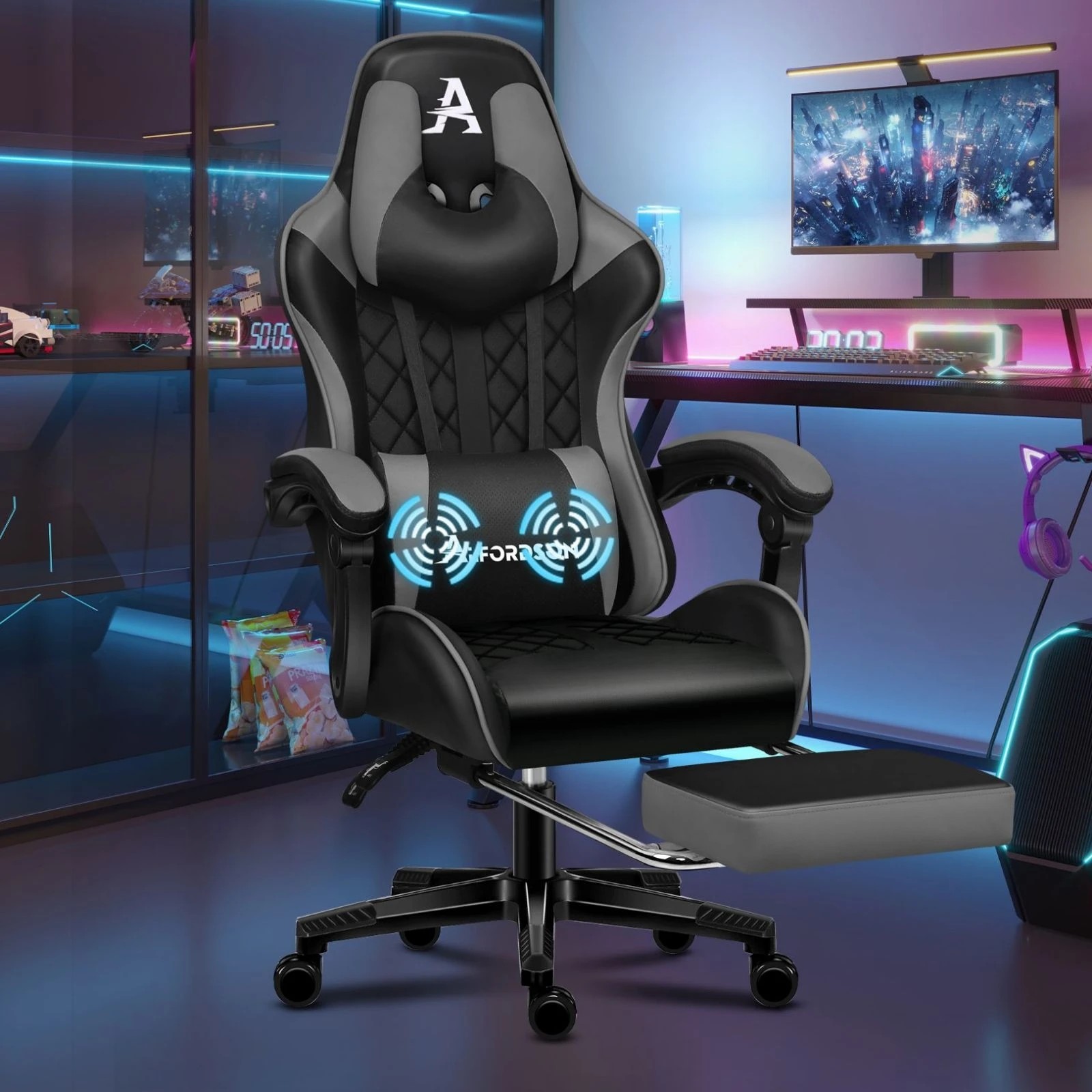 9 Alfordson Gaming Chair Office Racer Large Lumbar Cushion Footrest Seat Leather - Grey, 9 of 10