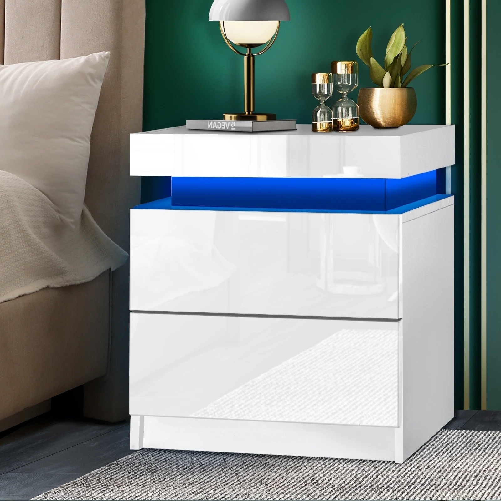 2 Oikiture Bedside Table Rgb Led Nightstand Cabinet 2 Drawers
 - White, 2 of 8