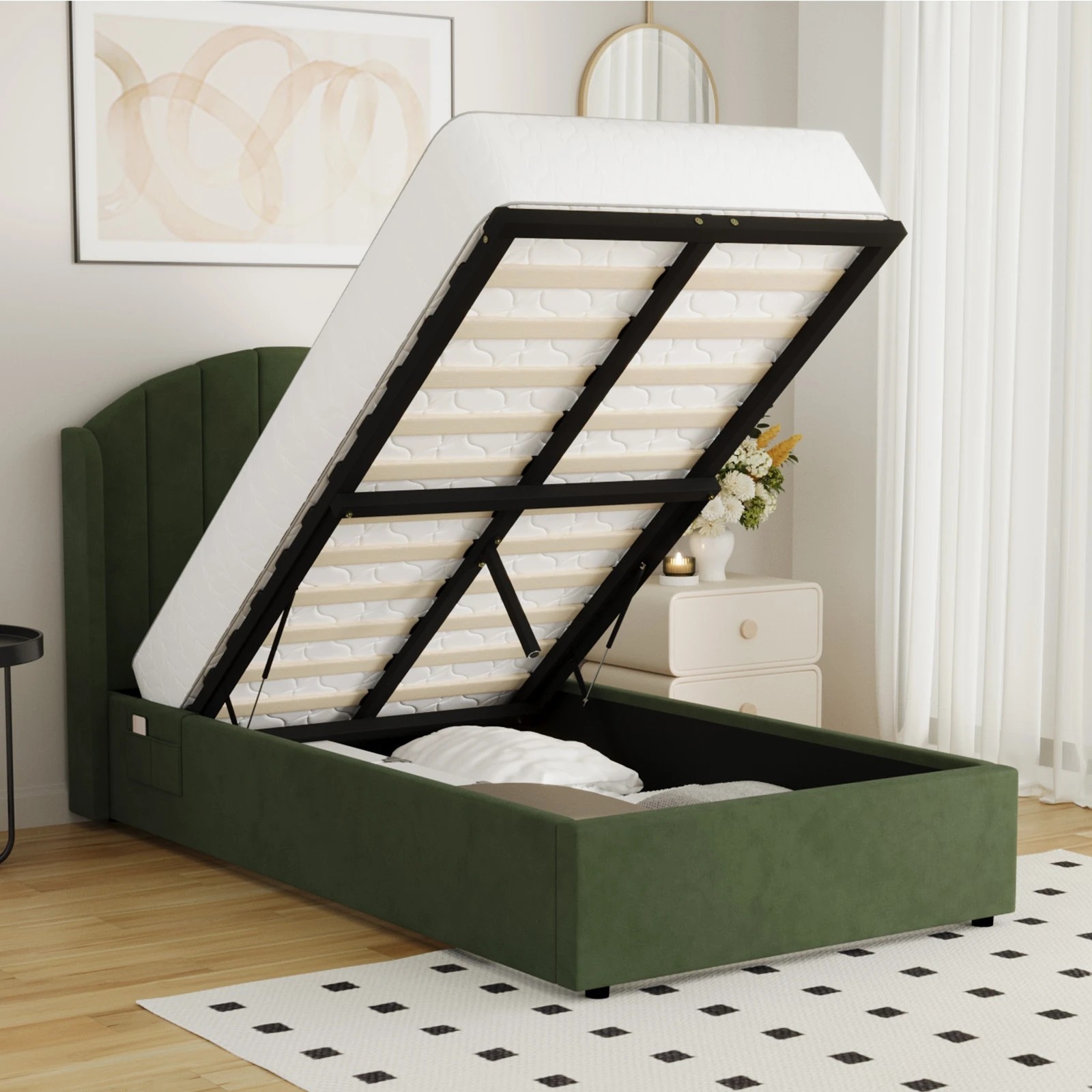 4 Oikiture Bed Frame King Single Size With Gas Lift Storage USB Charging Velvet - Green, 4 of 8