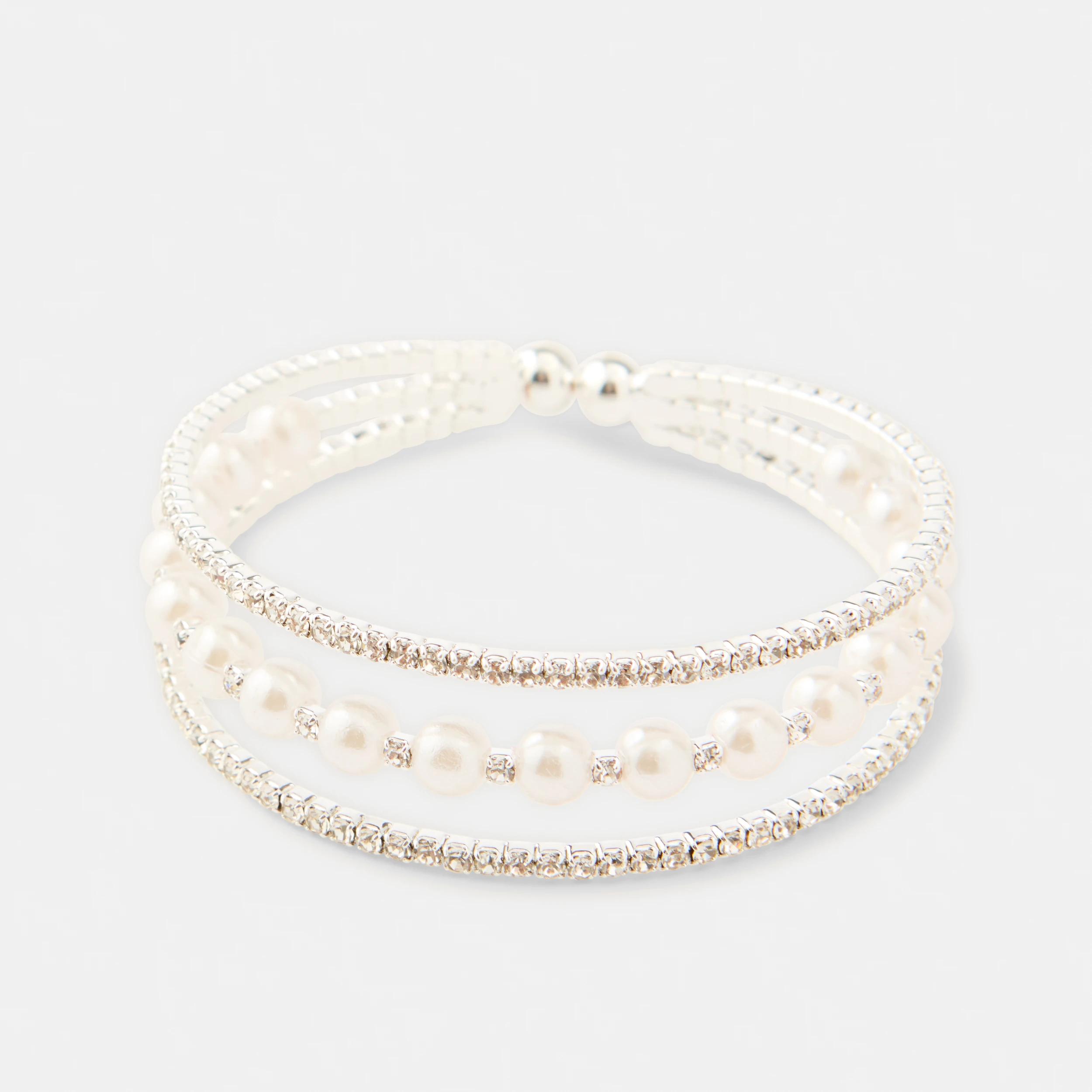 1 Sparkly Faux Pearl Bracelet - White and Silver Tone Silver, 1 of 3