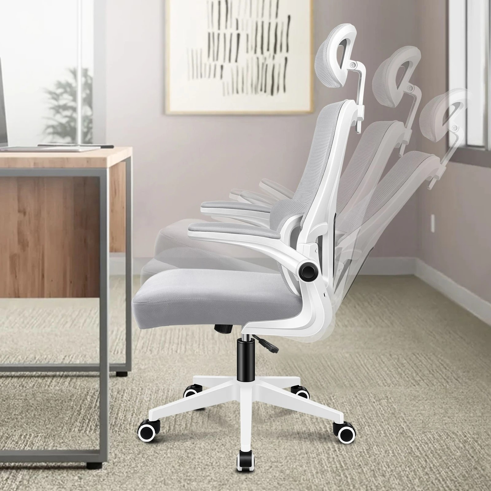 5 Alfordson Mesh Office Chair Executive Computer Tilt Fabric Seat Racing Work - Grey White, 5 of 10