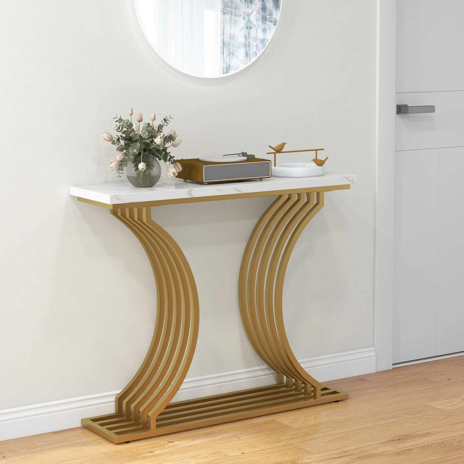 2 Costway Modern Console Table Faux Marble Tabletop, 2 of 9