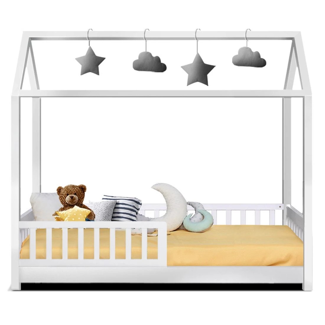 4 Artiss Bed Frame Wooden Kids House Frame  ROCK - White, 4 of 7