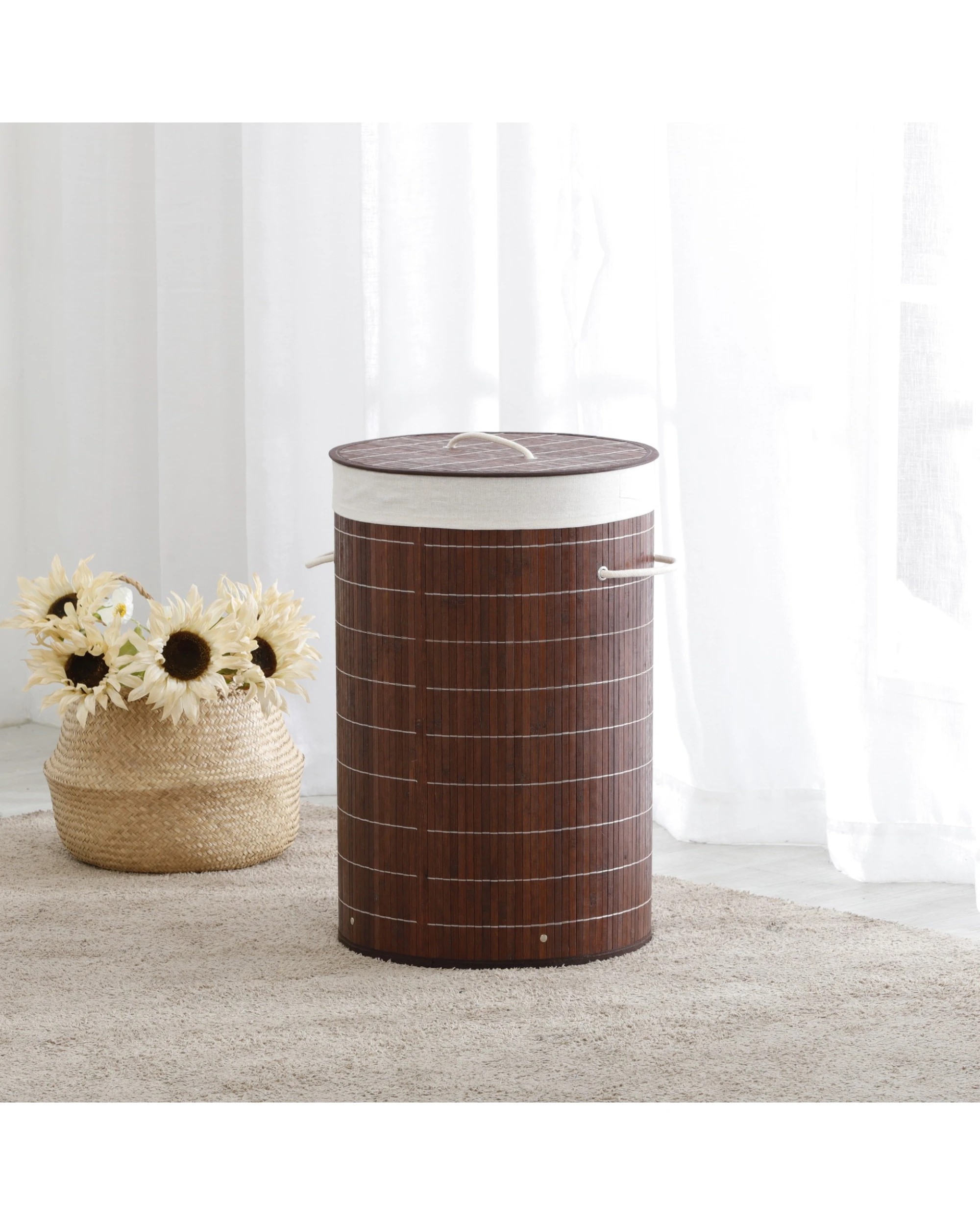5 Sherwood Home Round Folding Bamboo Laundry Basket Hamper with Lid D38xH60cm - Brown, 5 of 6