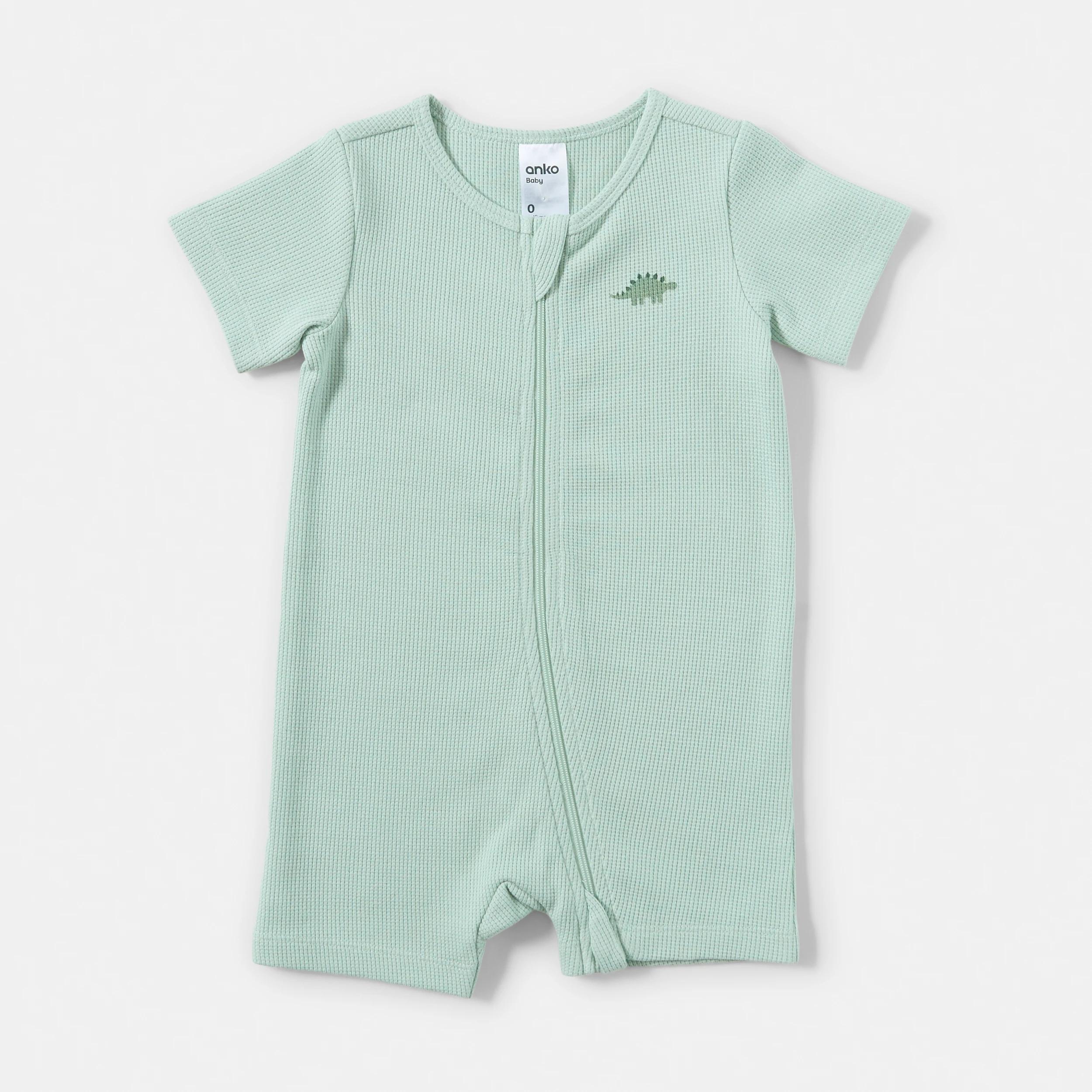 1 Short Sleeve Waffle Zip Romper GREEN SIMPLE DINO, 1 of 3