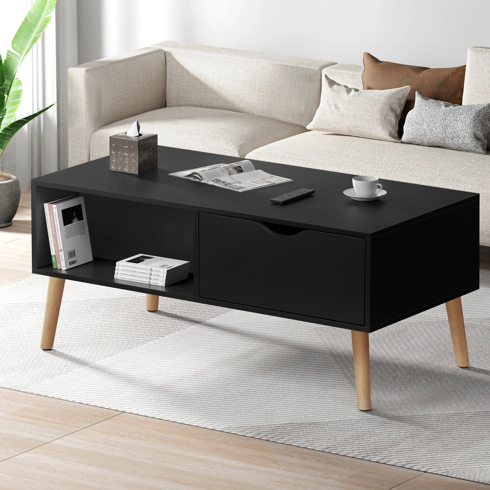 2 Alfordson Coffee Table Storage Tables 2 Drawers Shelf Modern Desk - Black, 2 of 10