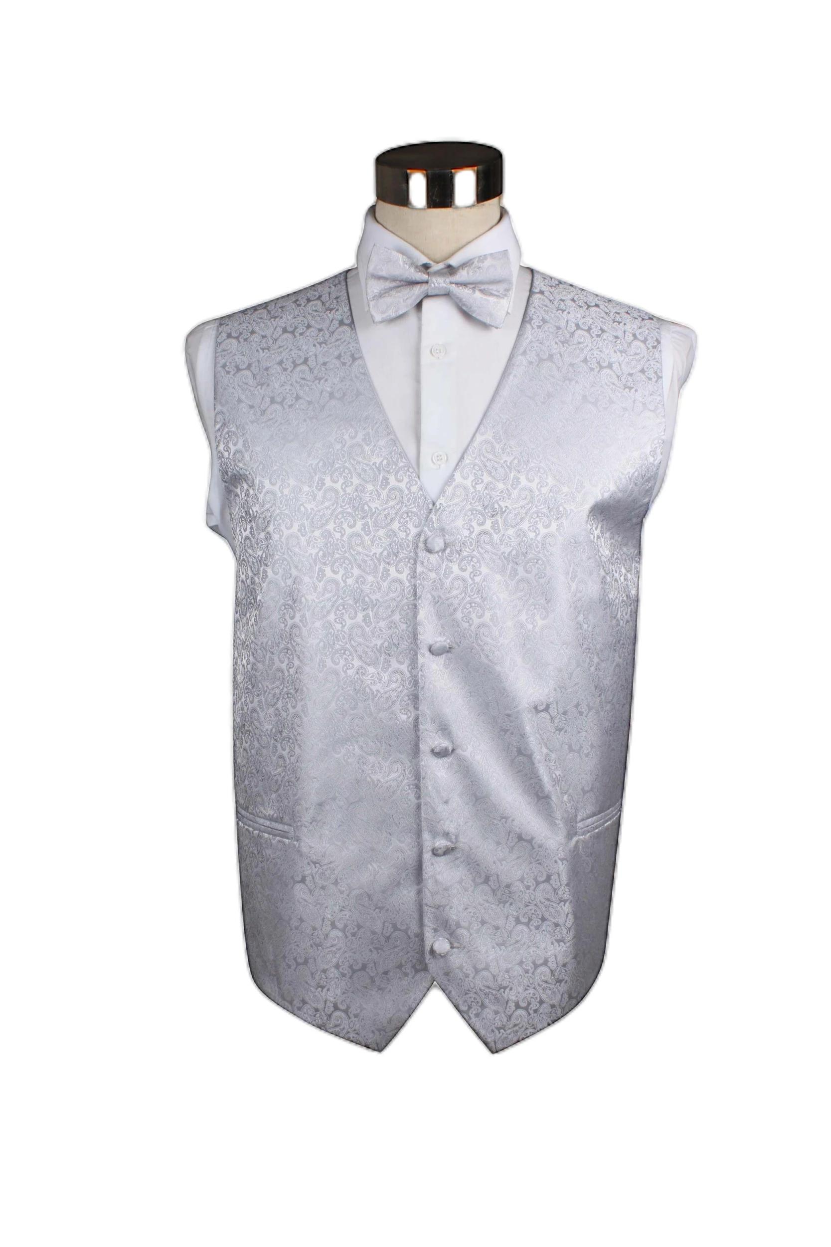1 Zasel Mens Paisley Patterned Vest Waistcoat & Matching Bow Tie SILVER, 1 of 1