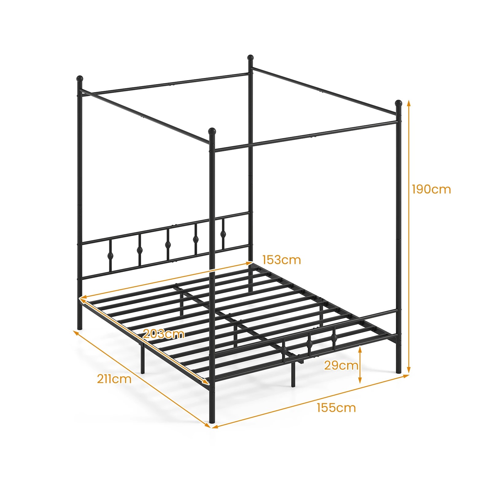 4 Costway Queen Size Canopy Bed Frame 4-Poster Metal Platform Bed Mattress Foundation Under-bed Storage - Black, 4 of 5