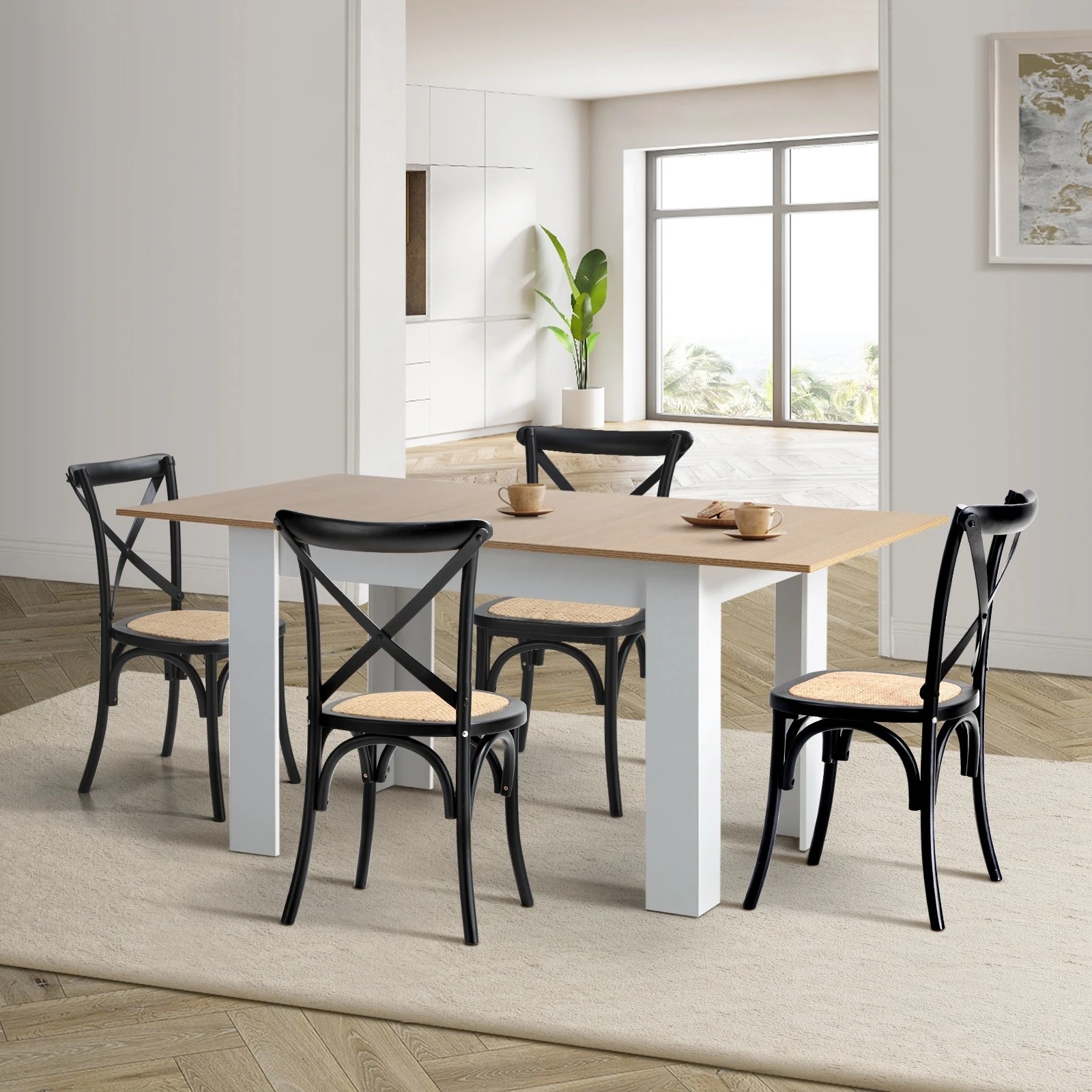 2 Oikiture 160cm Extendable Dining Table With 4pcs Dining Chairs Crossback
 - Black, 2 of 10