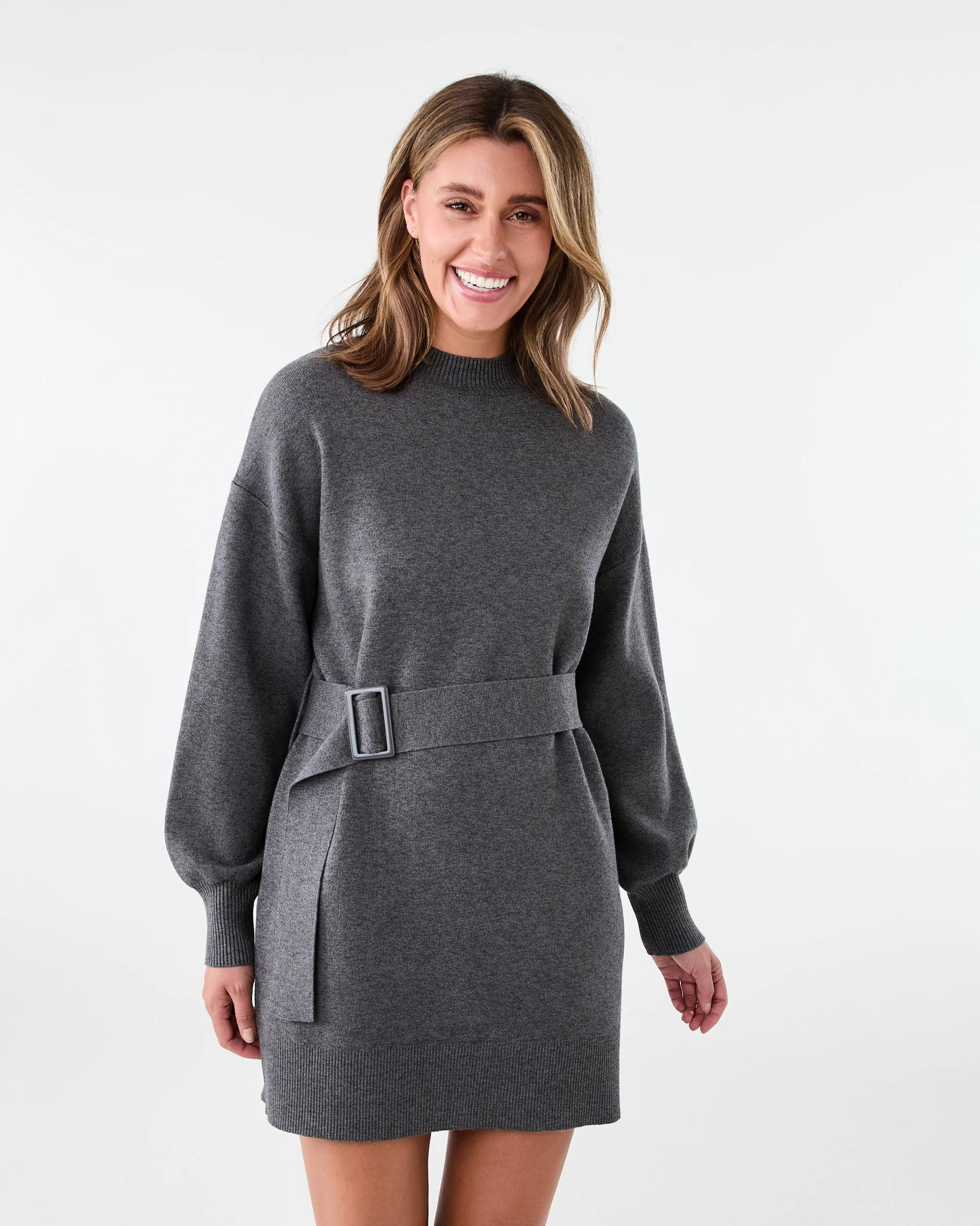 1 Long Sleeve True Knit Belted Mini Dress Gry Chmrle, 1 of 7