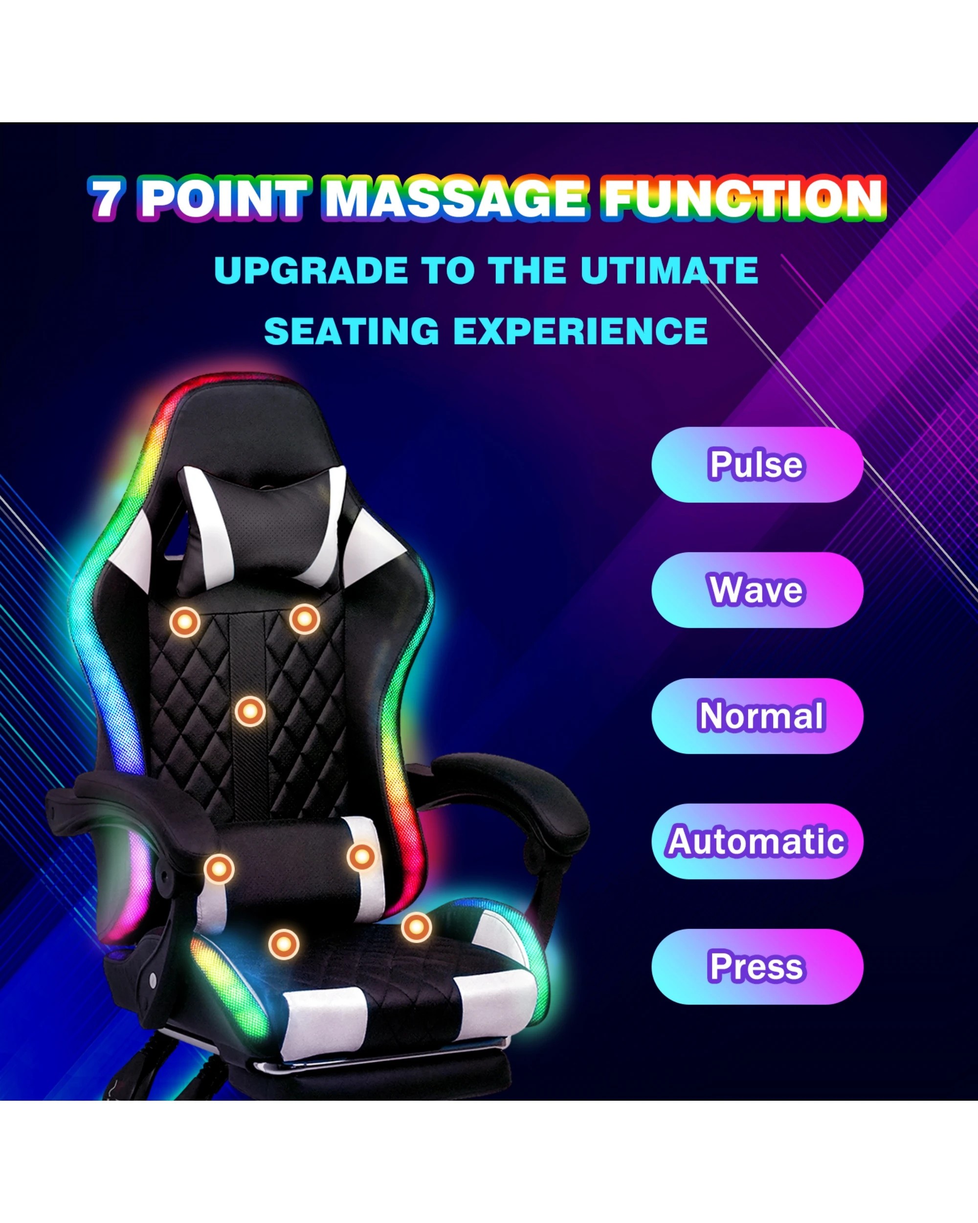 3 Advwin Led Lights Gaming Chair With Massagers Black/white, 3 of 8