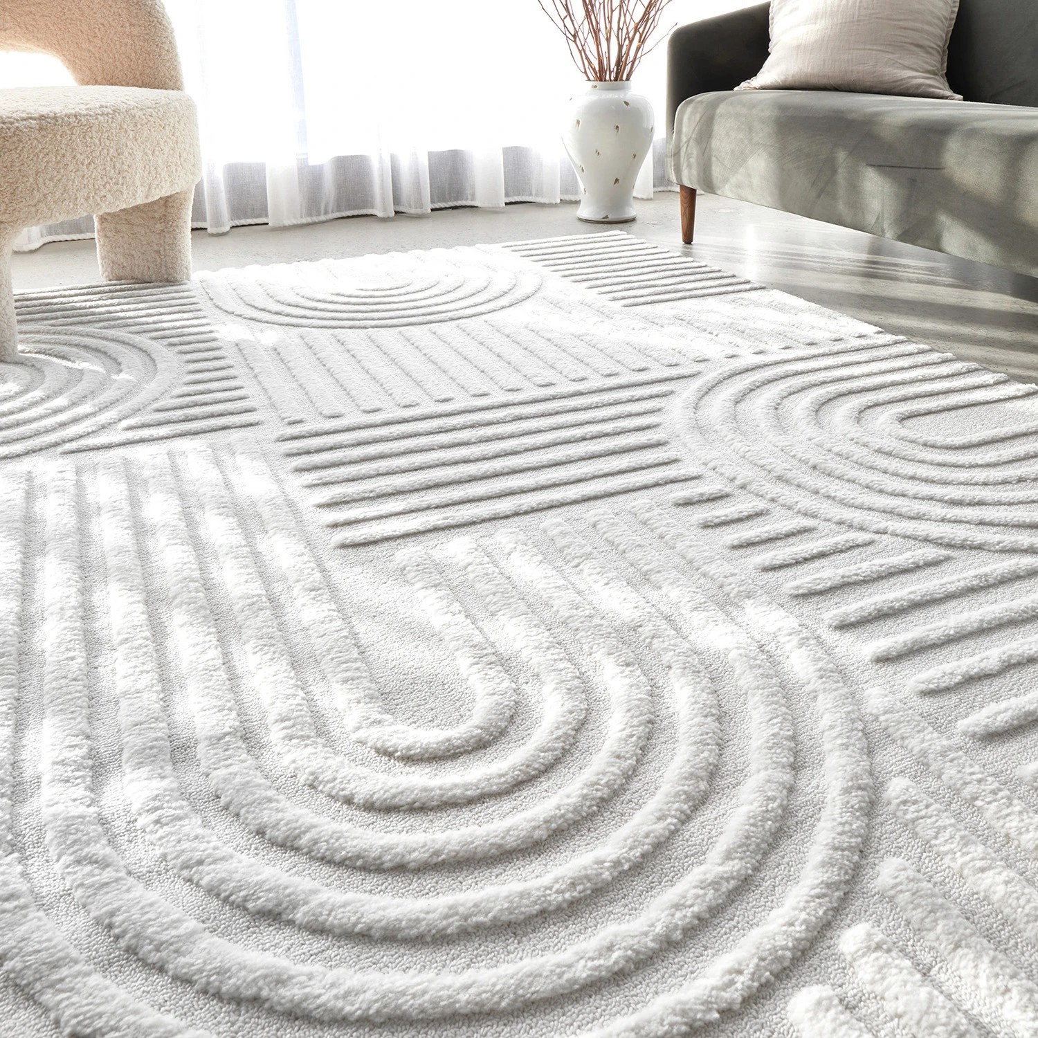 1 Common Ground Rugs Safflower Dior 400x300cm - Extra Extra Large Pet Friendly Floor Rug - White, 1 of 7