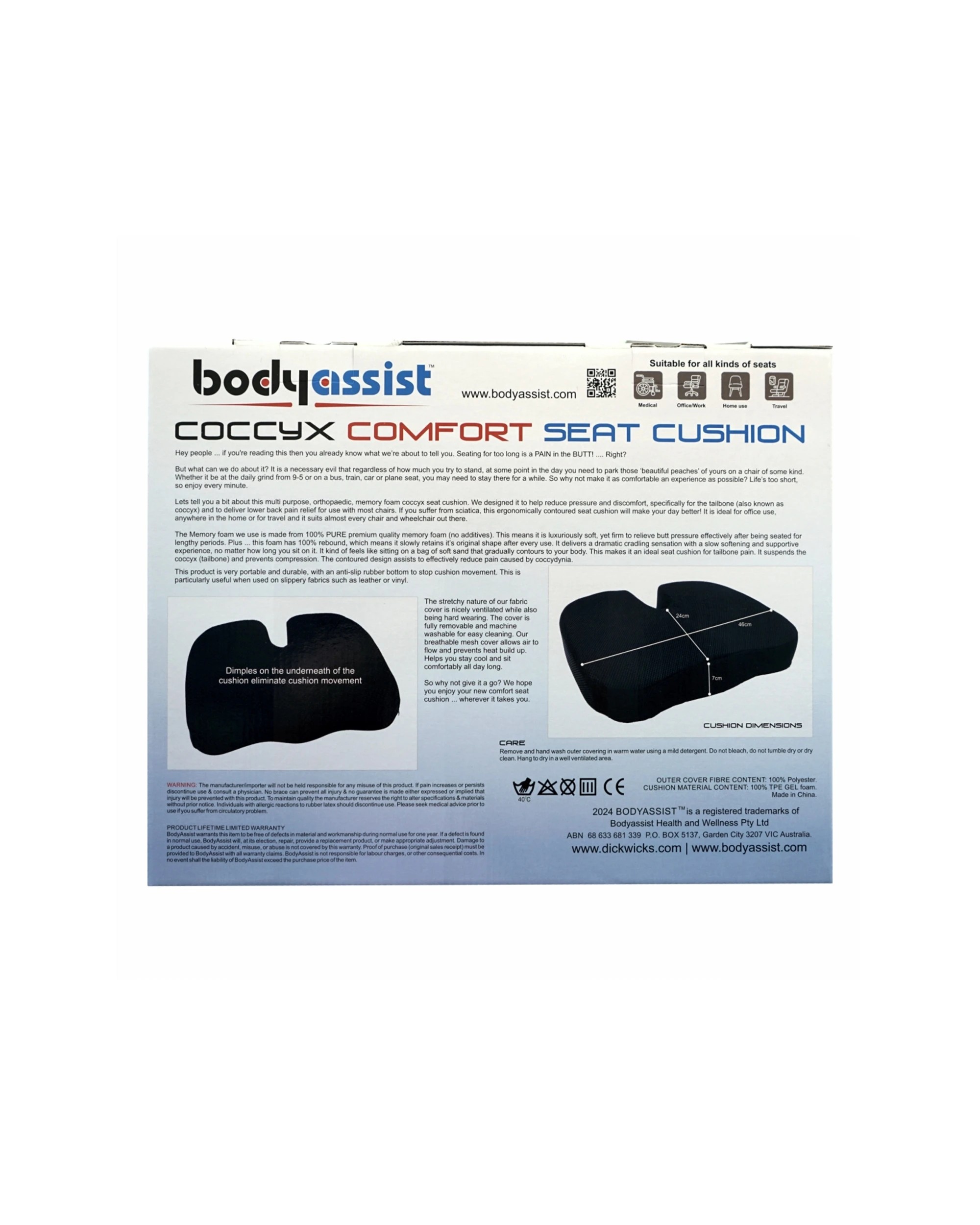 4 Bodyassist Coccyx Comfort Seat Cushion Memory Foam With Large Hot Cold Gel Pack - Black, 4 of 5