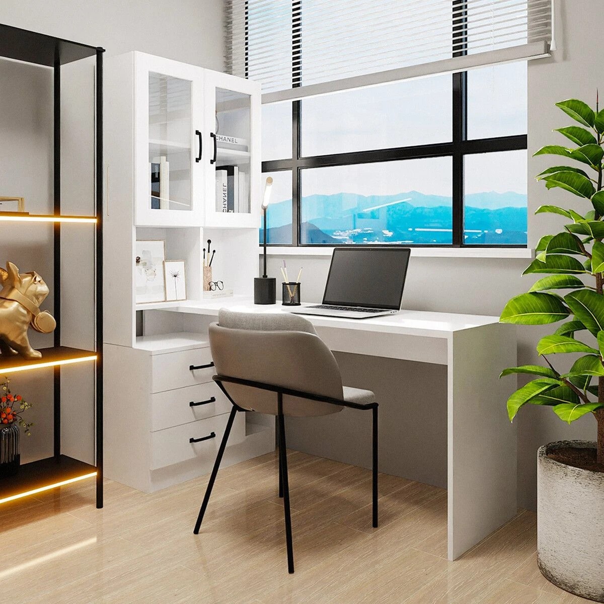 3 LUXSUITE Computer Desk Bookcase with Drawers White, 3 of 7