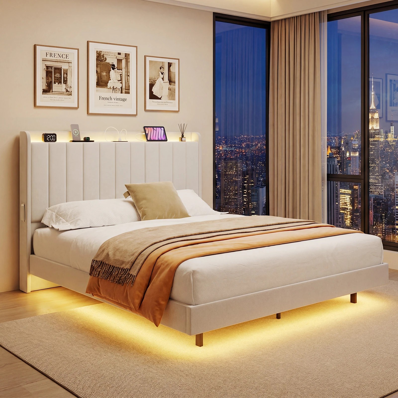 8 Advwin Double Velvet Floating Bed Frame with RGB LED and Charging Station - Beige, 8 of 8