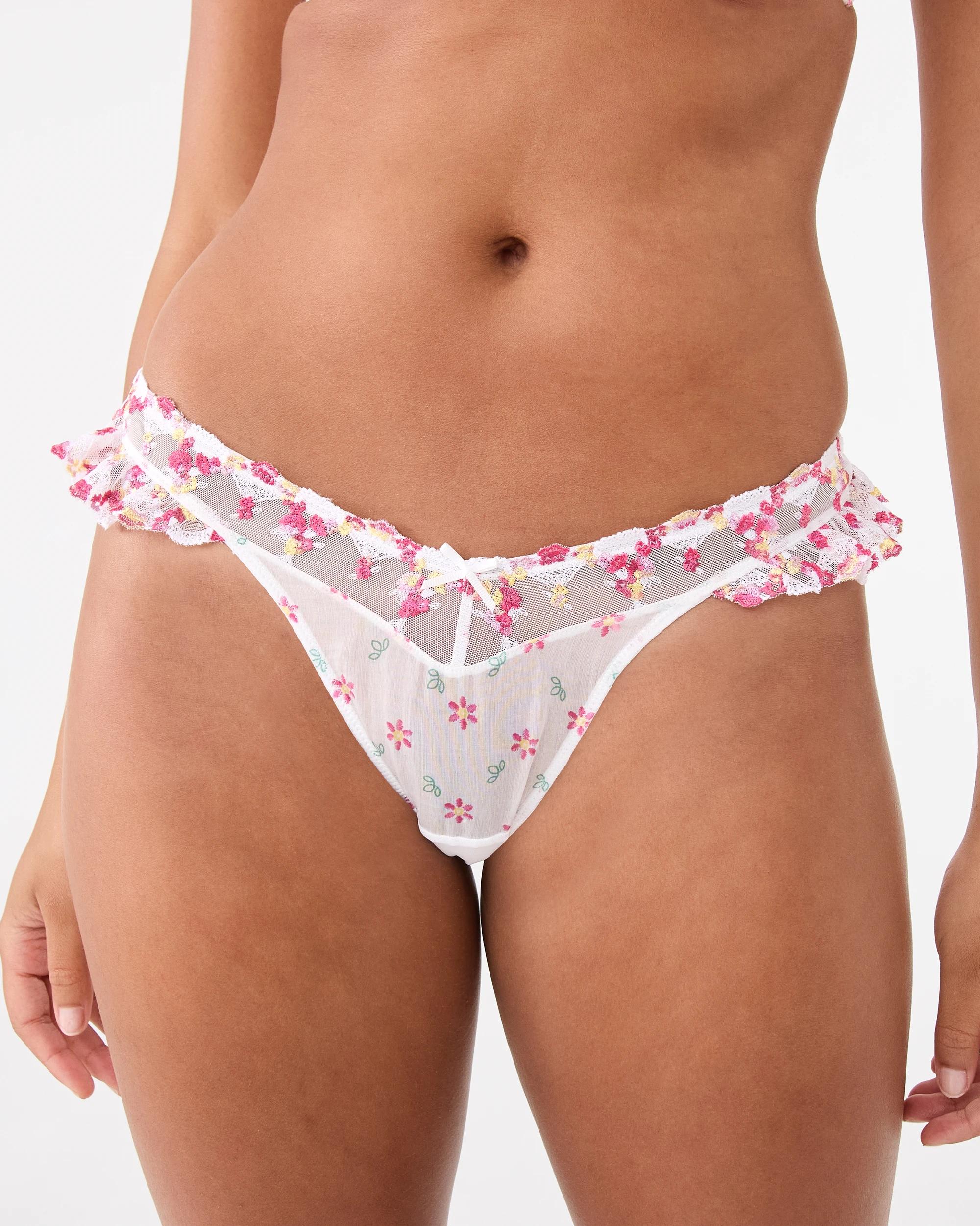 1 Co-ordinated Embroidered Mesh G-String Briefs Flrl Wht, 1 of 5