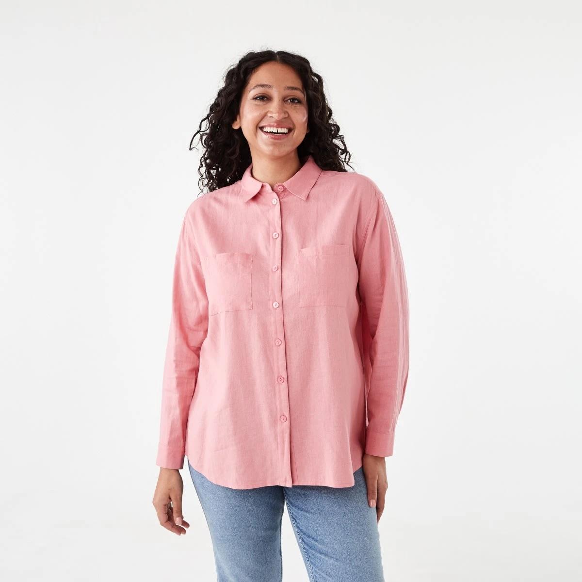 1 Long Sleeve Linen Blend Shirt Pink Wash, 1 of 7