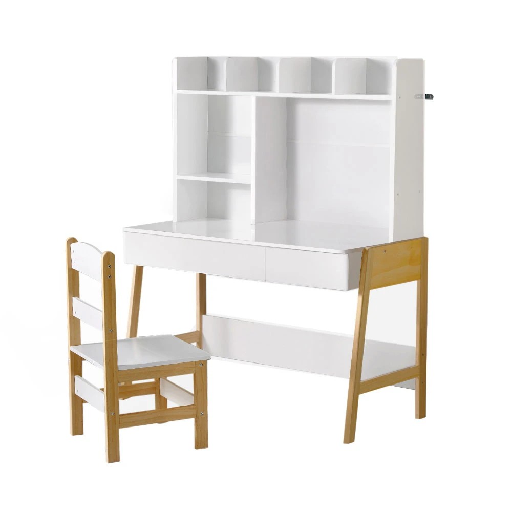 1 Keezi 2PCS Kids Table and Chairs Set Study Activity Toys Storage Desk Drawer - White, 1 of 5