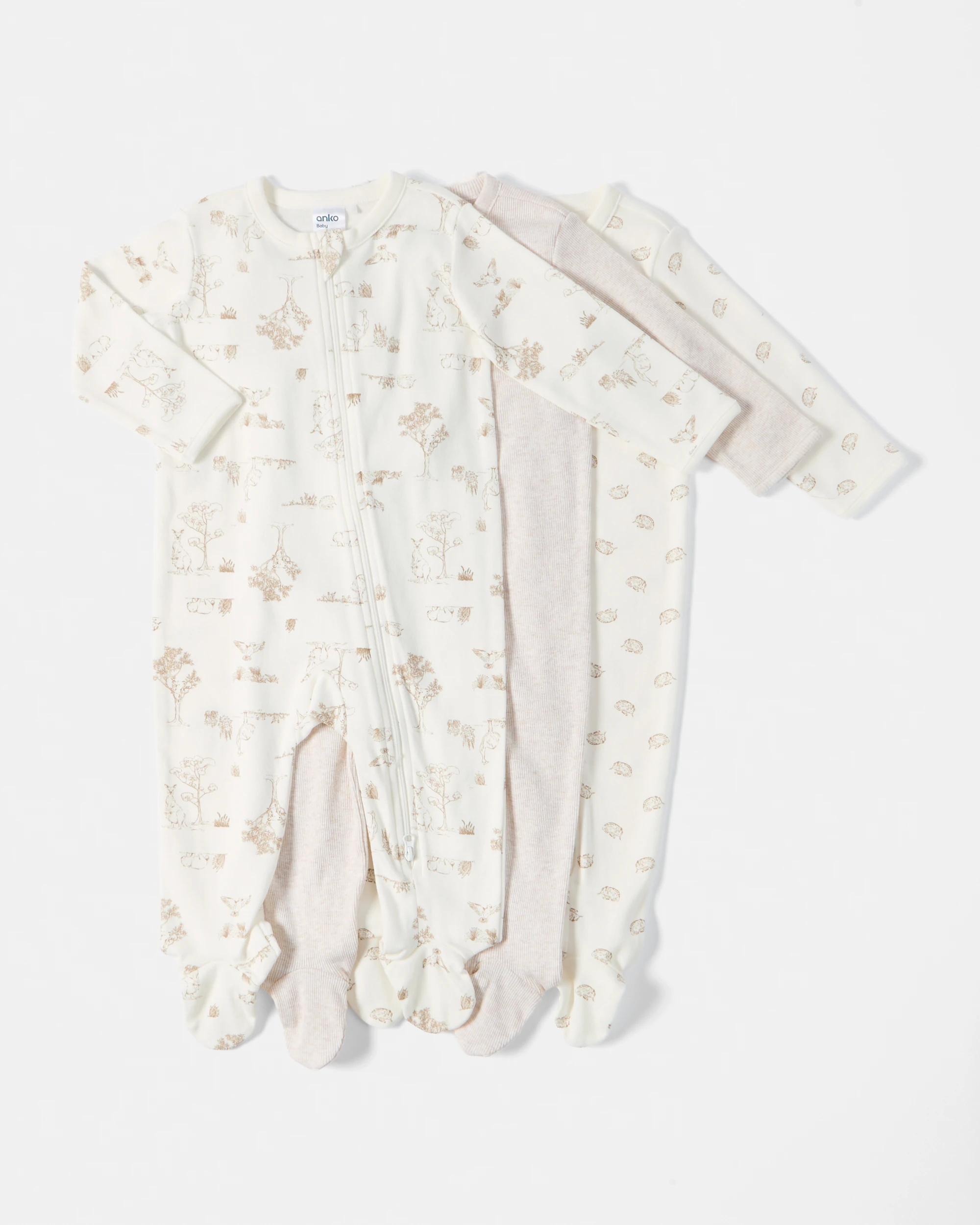 1 3 Pack Australian Cotton Coveralls Wht Anml, 1 of 8