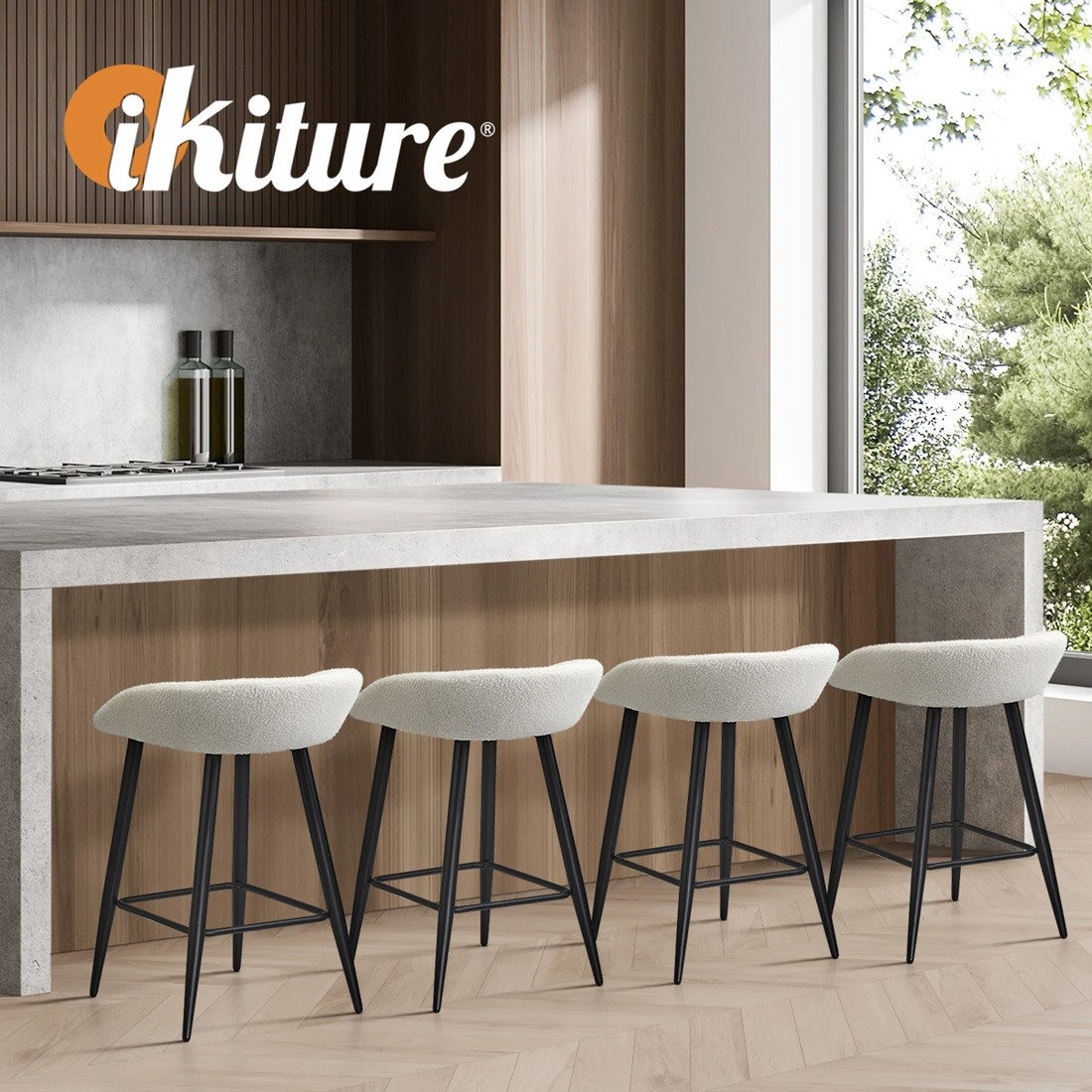 4 Oikiture Bar Stools Set Of 2 Kitchen Dining Chairs Counter Stool Boucle
 - White, 4 of 9