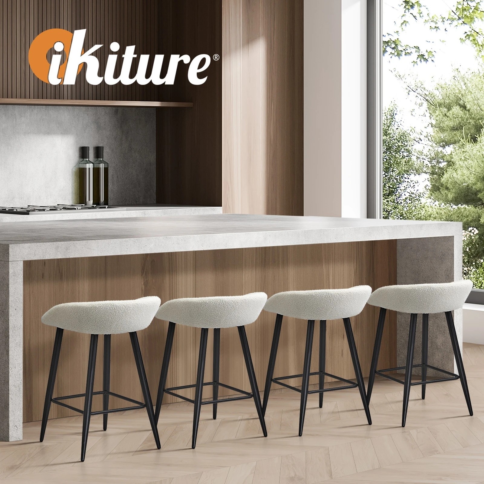 4 Oikiture Bar Stools Set Of 2 Kitchen Dining Chairs Counter Stool Boucle
 - White, 4 of 9