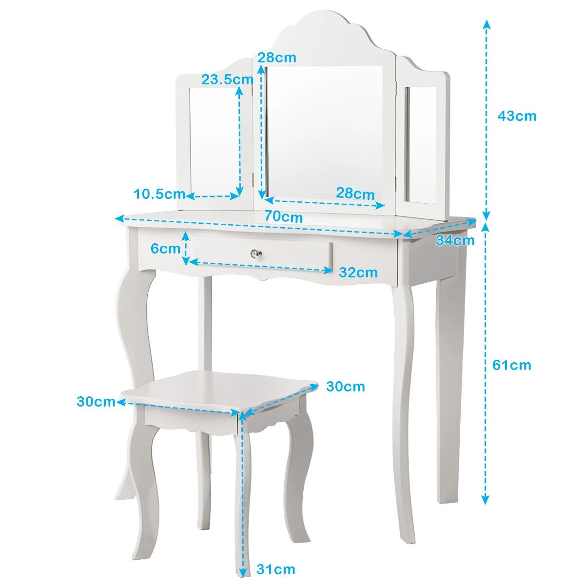 2 Costway Makeup Dressing Table Stool Set Folding Mirror Princess Vanity Writing Desk - White, 2 of 3