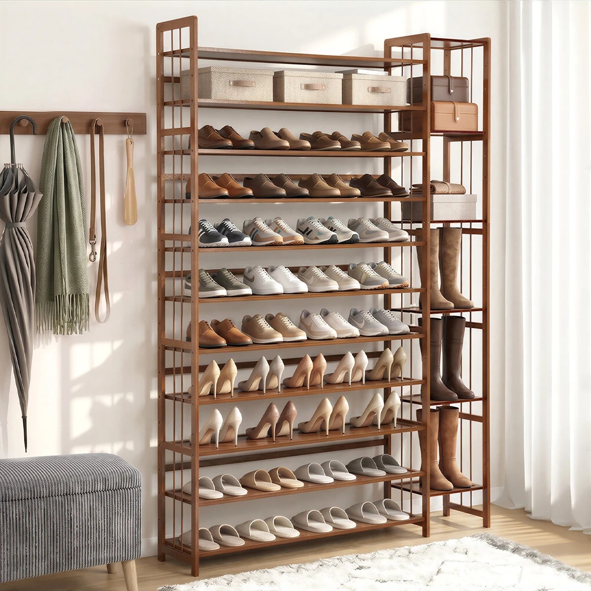 2 Oikiture Shoe Rack Organizer Bamboo Stand 11 Shelves with Boots Storage - Brown, 2 of 7