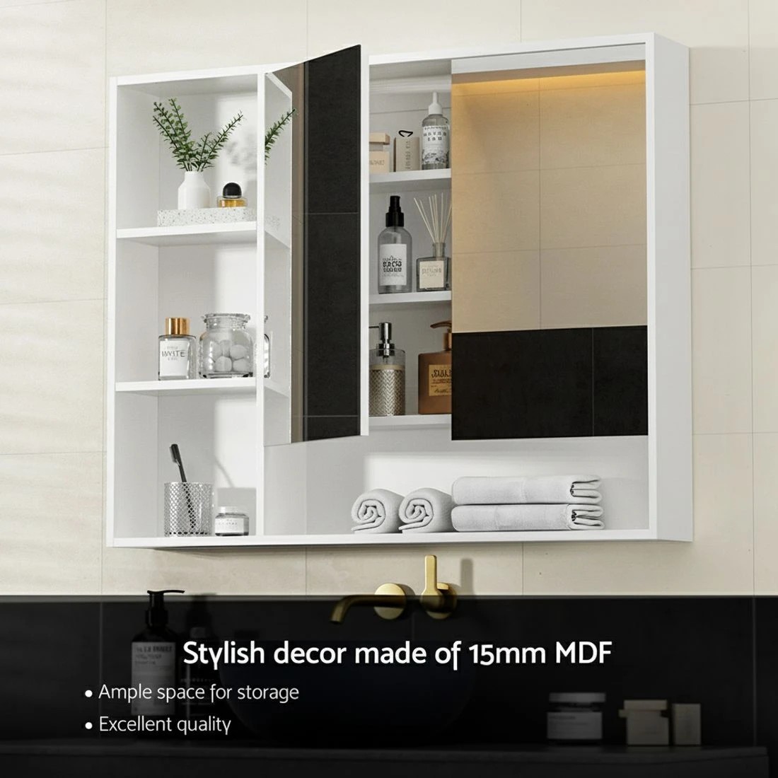 2 Cefito Bathroom Mirror Cabinet 100CM Vanity Medicine Wall Mounted Storage - White, 2 of 5