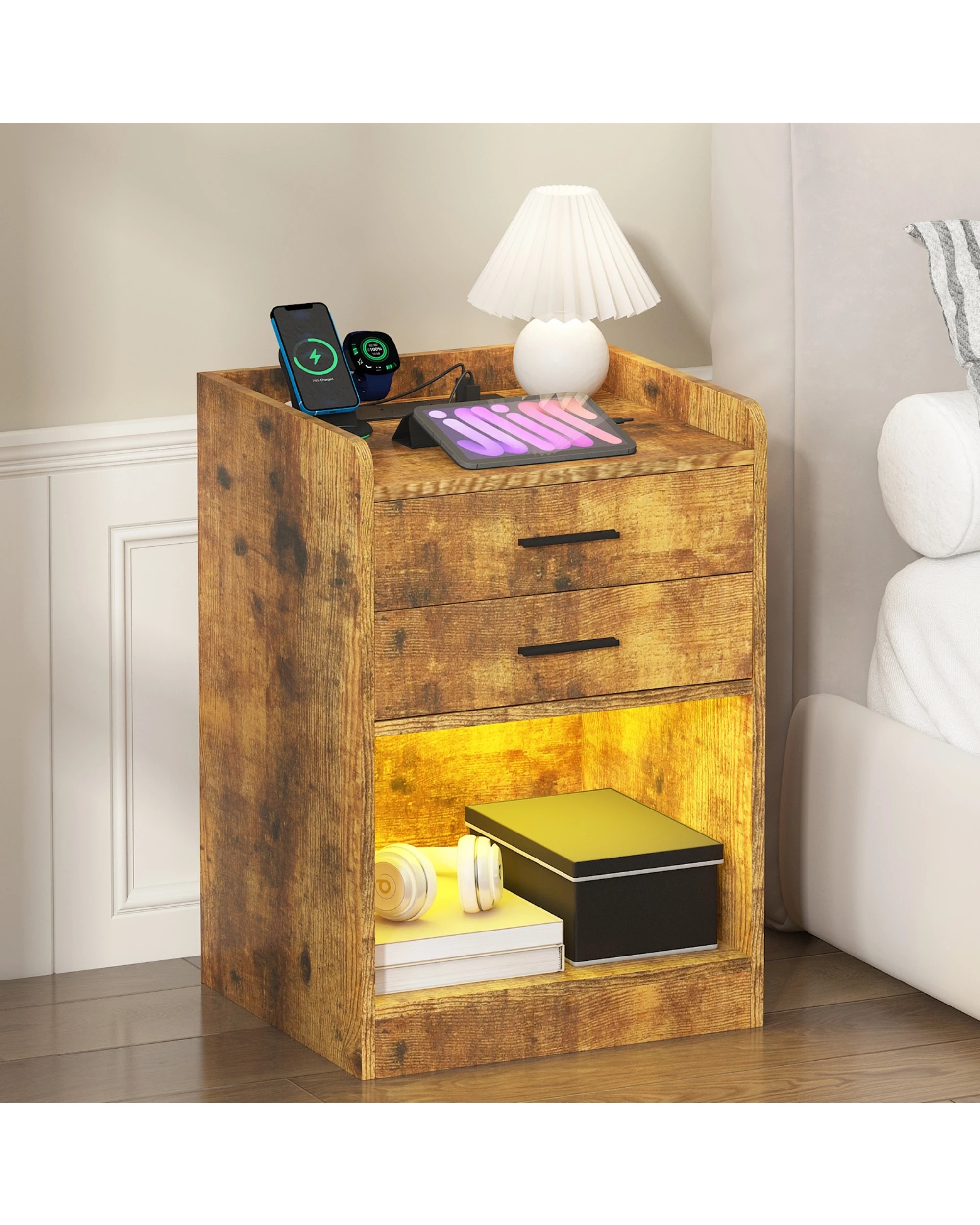 3 Advwin LED Bedside Table with Charging Station 2 Drawers Nightstand - Brown, 3 of 9