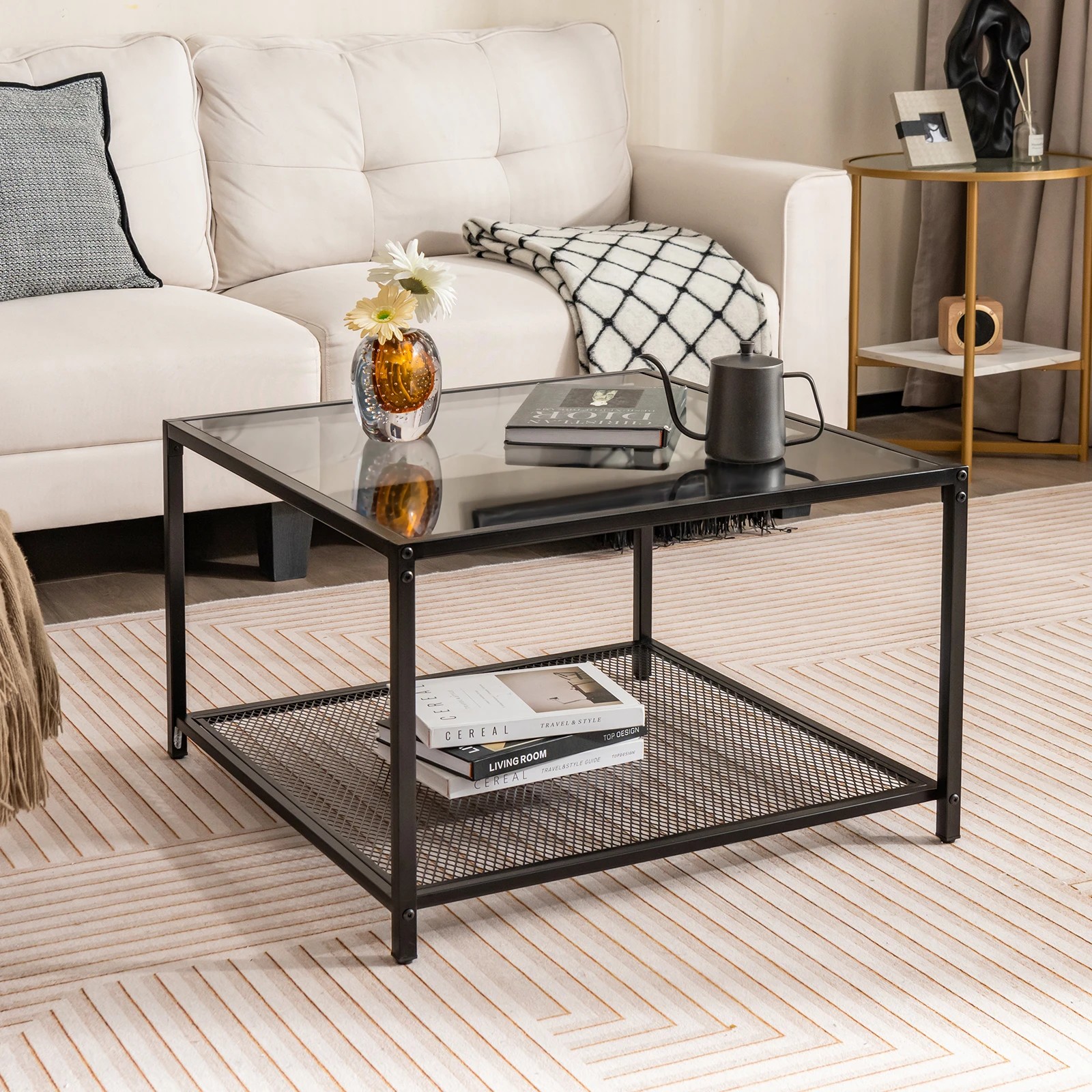 2 Costway 2-Tier Coffee Table Square Side Table Glass Tabletop w/Mesh Shelf, 2 of 4