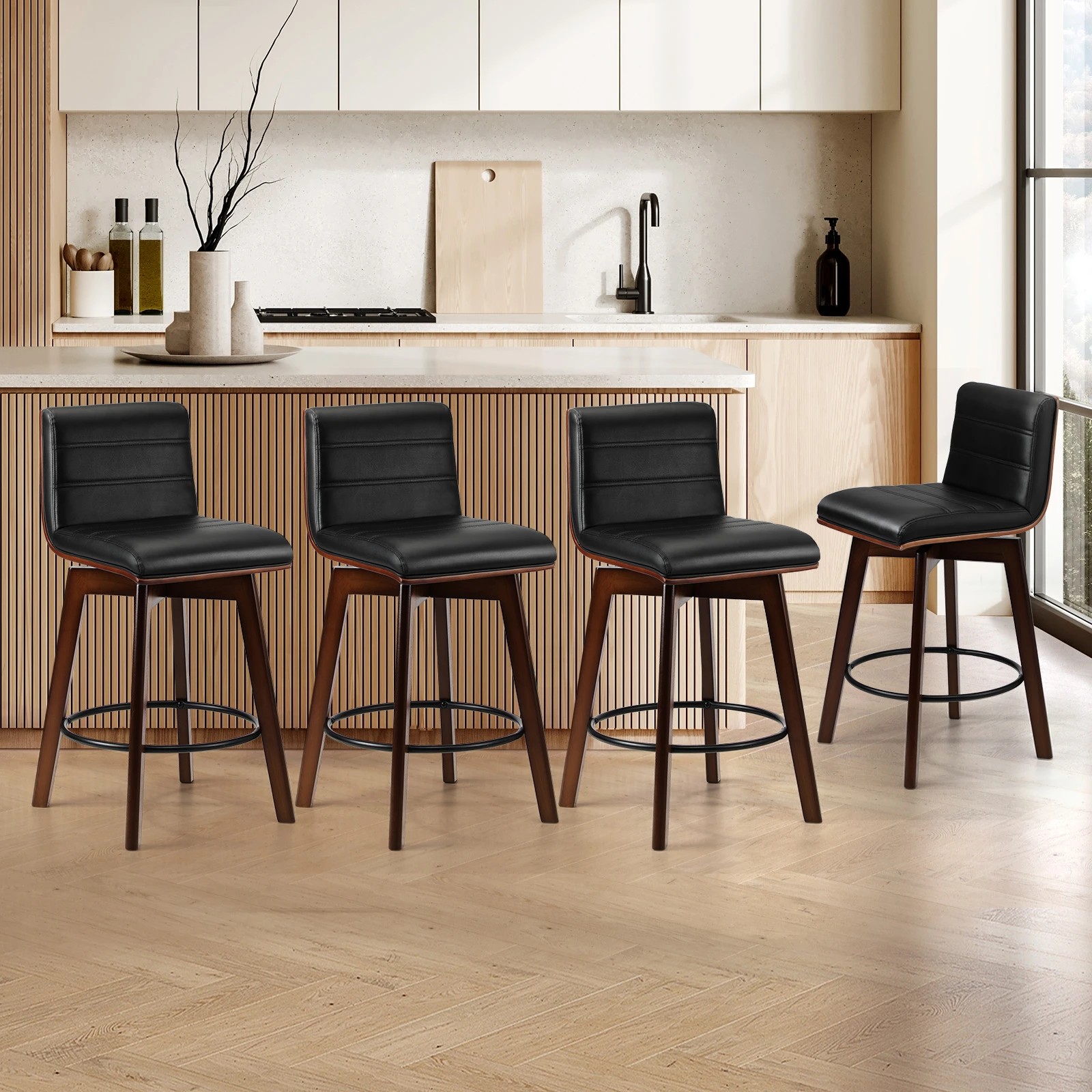 9 Oikiture 4x Wooden Bar Stools Kitchen Counter Swivel Dining Chair Pu Leather
 - Black, 9 of 9