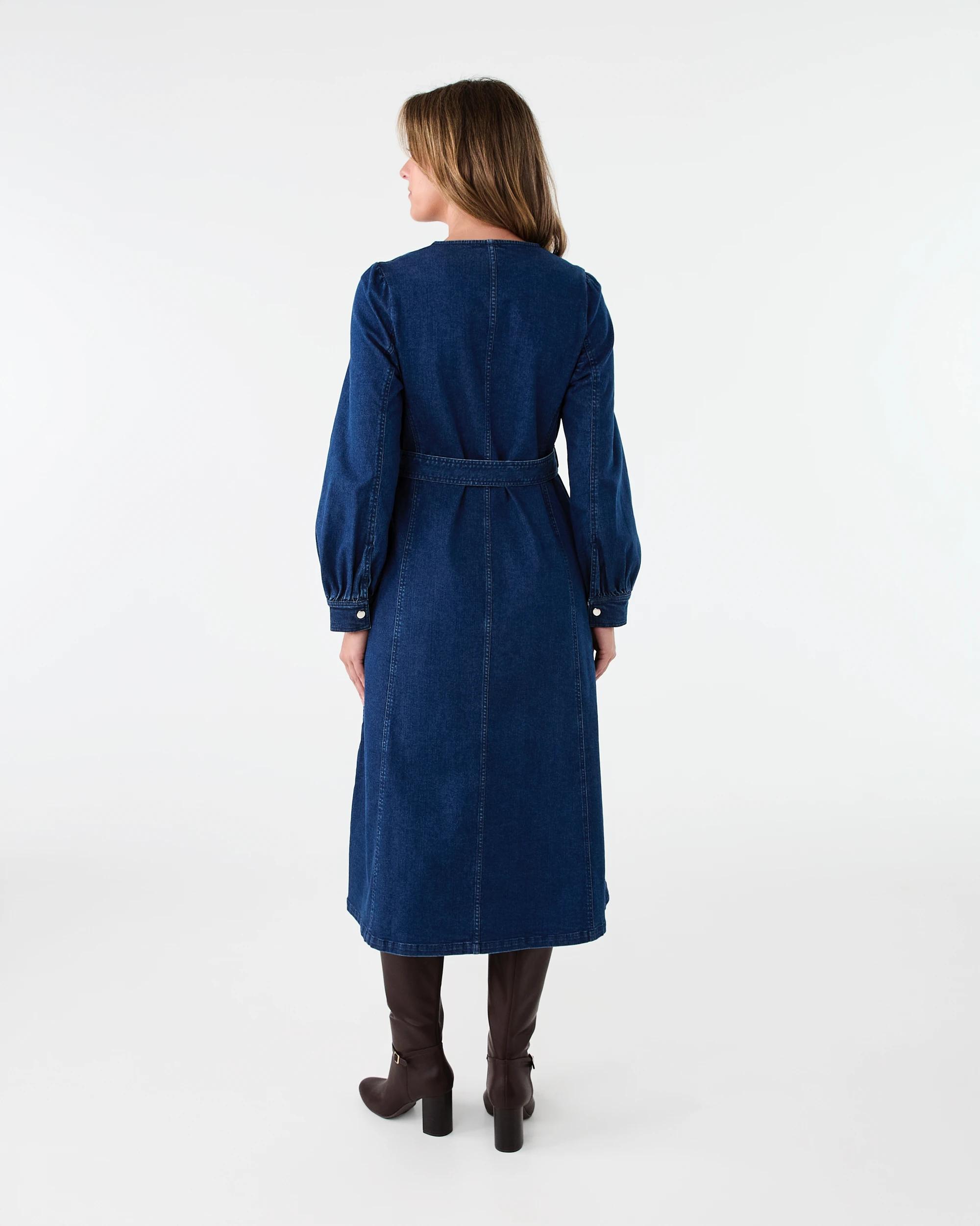 3 Long Sleeve Denim Belted Midi Dress Indigo Wsh, 3 of 7