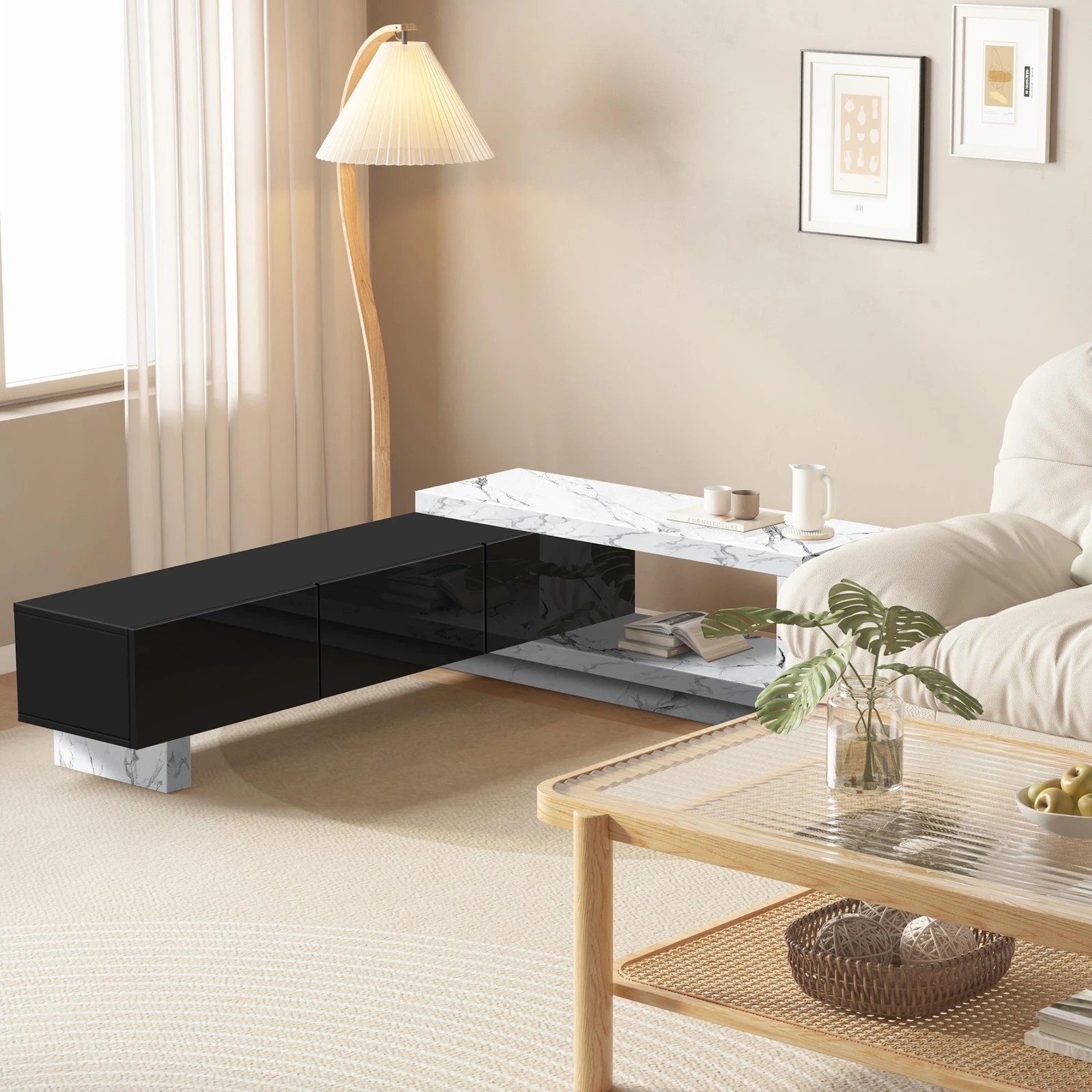 8 Alfordson 190-280cm Extendable Entertainment Unit TV Stand Cabinet Drawer - Marble Black, 8 of 9